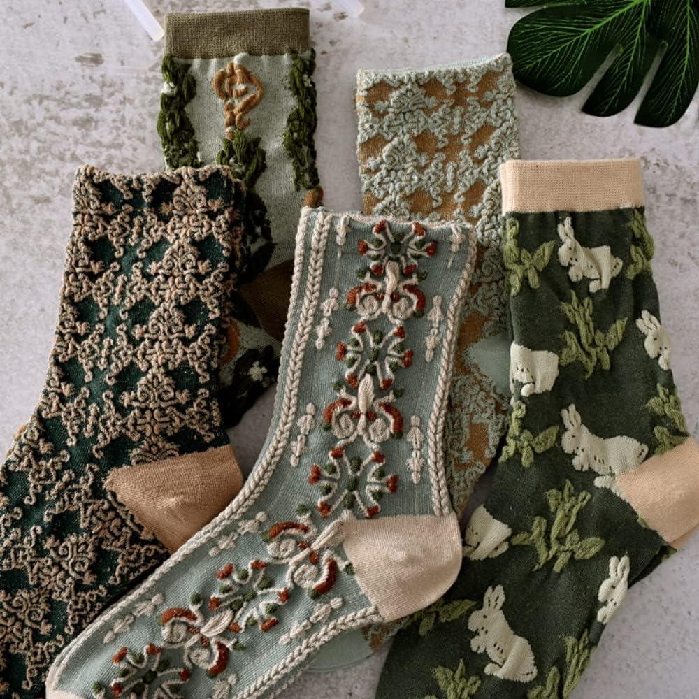 5 Pairs Womens Floral Cute Socks Vintage Embroidered Plant Socks for Women Teens Cotton Cozy Ankle Sock