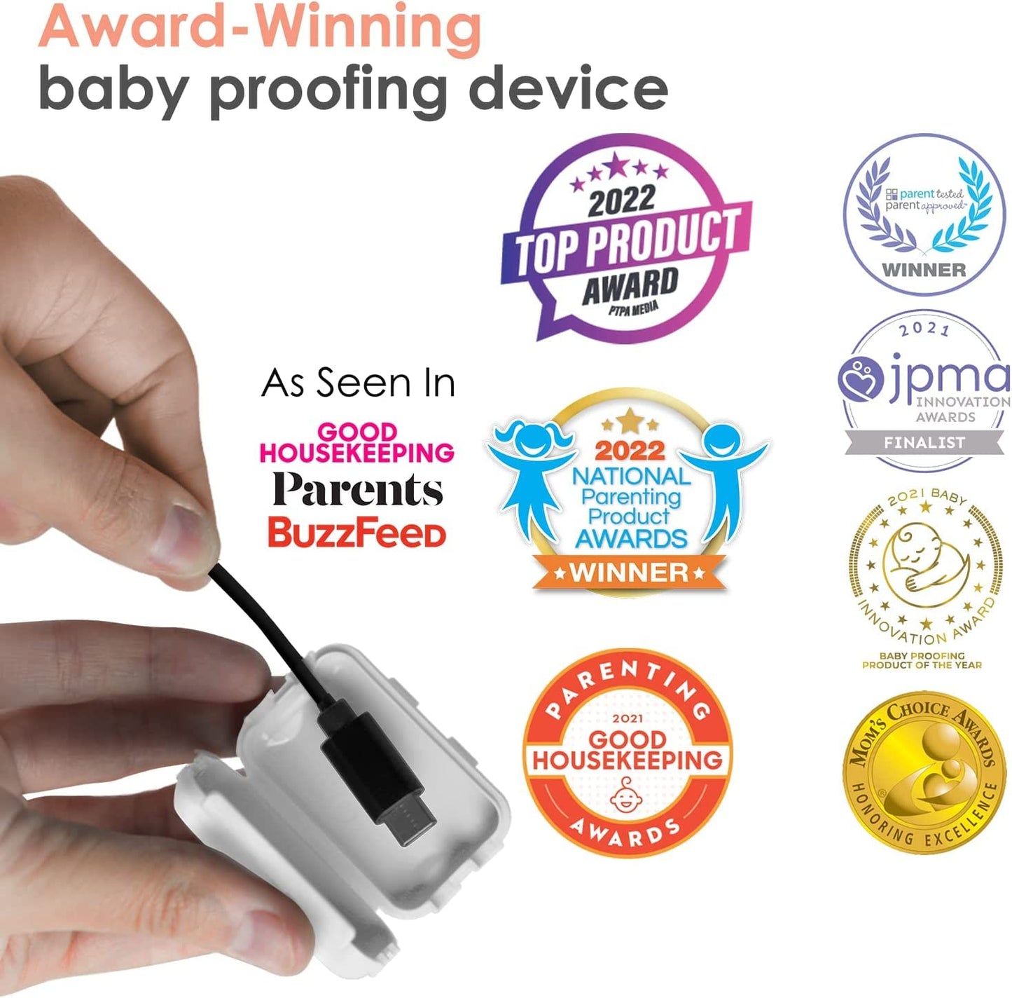 Baby Proof USB Charger Cover – Child-Resistant Cord Tip Enclosure for Standard USB Charging Cables – (6 Pack, White)