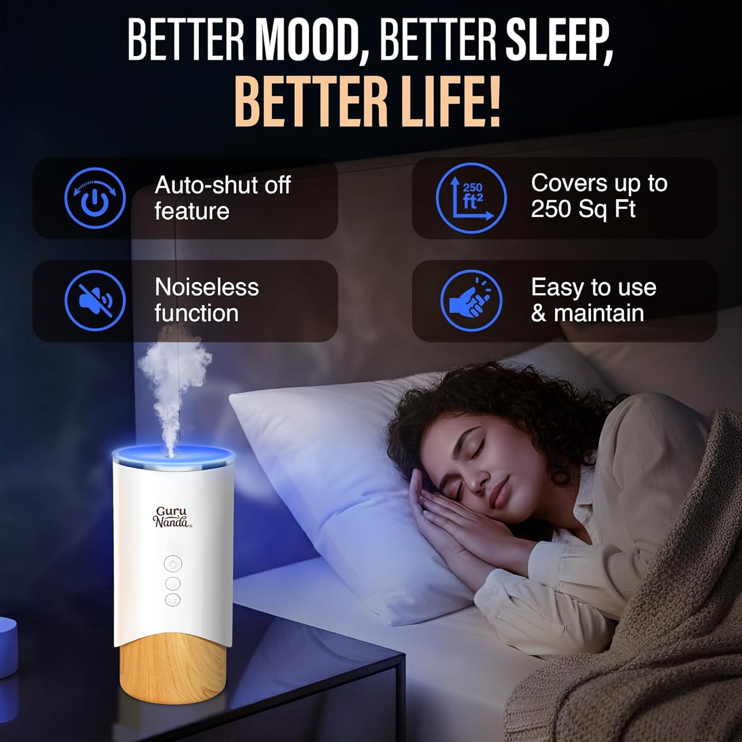 GuruNanda Calm Aura Essential Oil Diffuser, Sleek Modern Aromatherapy Diffuser with Turbo & Mist Modes, Auto Shut-Off Safety, Covers 250 Sq Ft, 100 ml