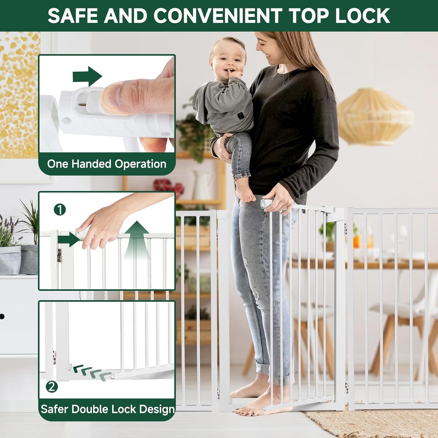 Snagle Paw Metal Freestanding Dog Gate with Door, 80” W x 32” H Dog Fence with Support Feet for Doorways, Stairs and Hallways, Portable Pet Gate for Indoor Use (4 Panel, White)