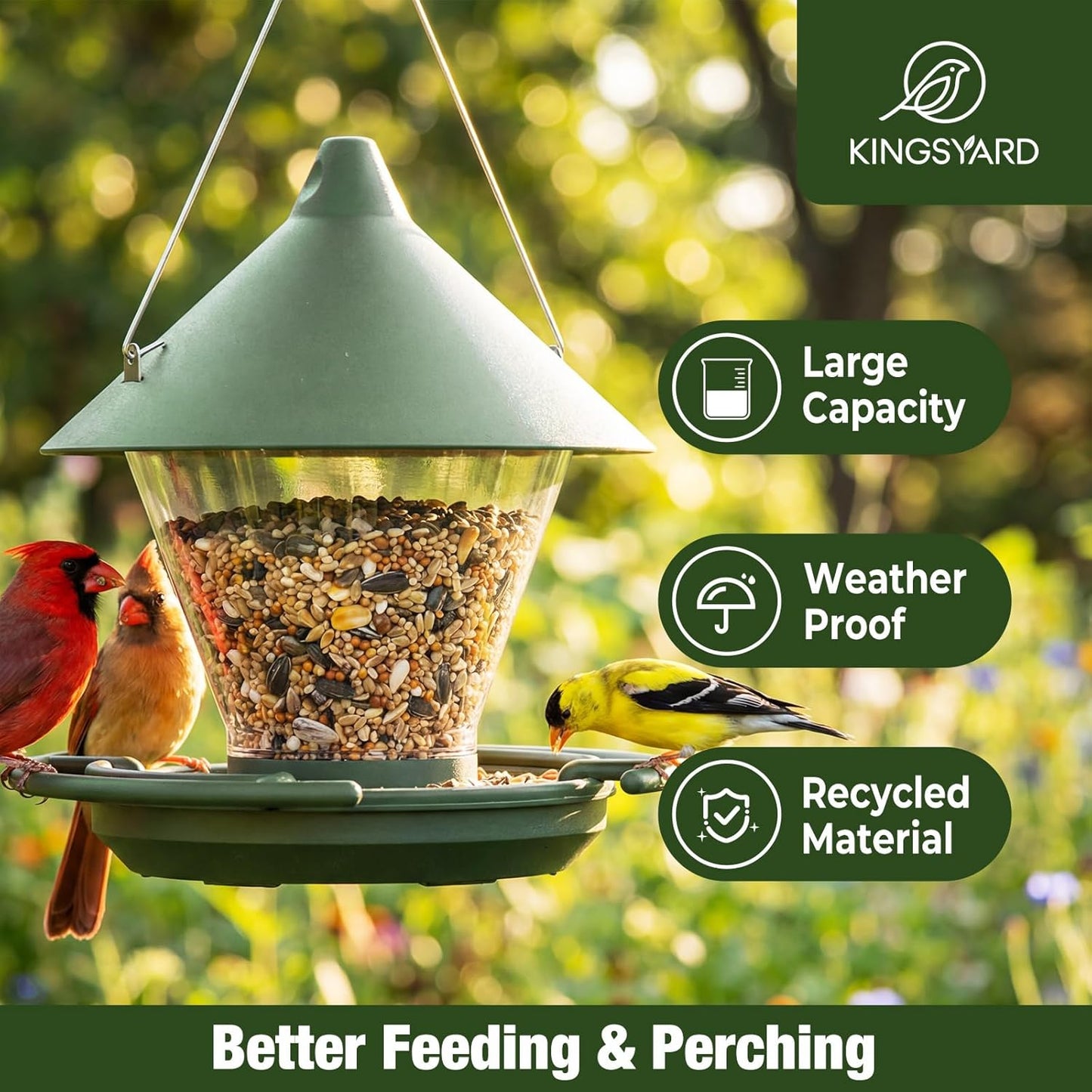 Kingsyard Wild Bird Feeder for Outdoors Hanging, No-Waste Tray with Seed Guard & Circular Perch, Garden Yard for Cardinal Finch, 4 lb Large Capacity, Green