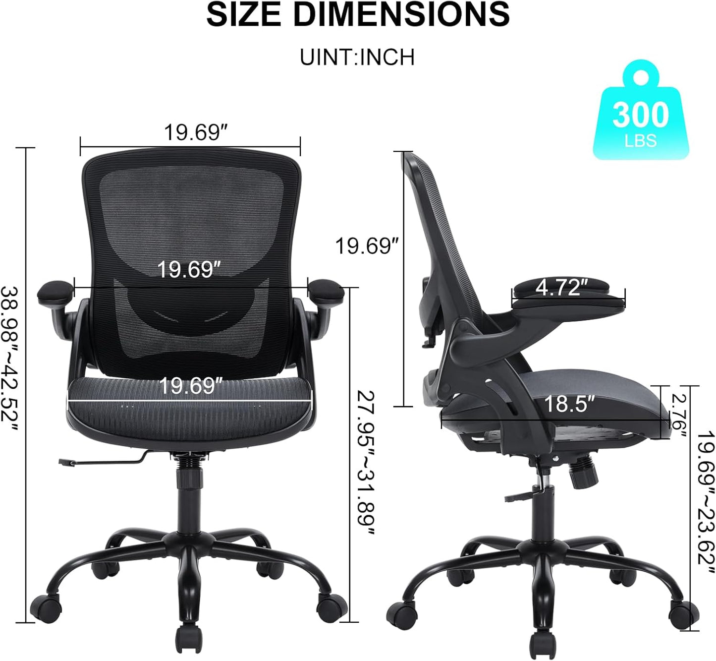 Office Chair, Ergonomic Desk Chair with Adjustable Lumbar Support, Comfy Breathable Mesh Chair with Wheels and Flip-Up Armrests, Executive Chairs for Home Office Comfortable Chair with Rolling Swivel