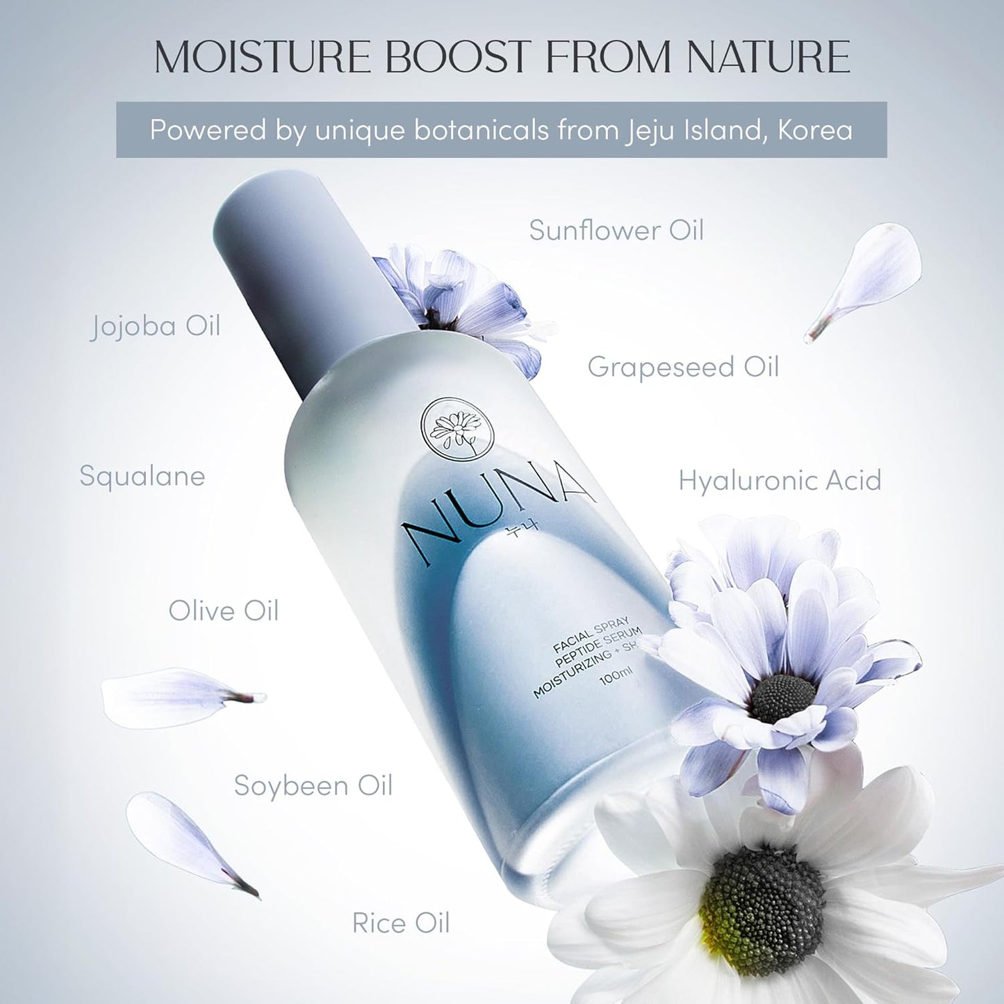 NUNA Ultra Hydrating Face Serum Spray with Peptides, Niacinamide, Hyaluronic Acid & Botanical Extracts – Korean Lightweight Moisture Boost Facial Mist & Setting Spray for Makeup – 3.38 fl oz