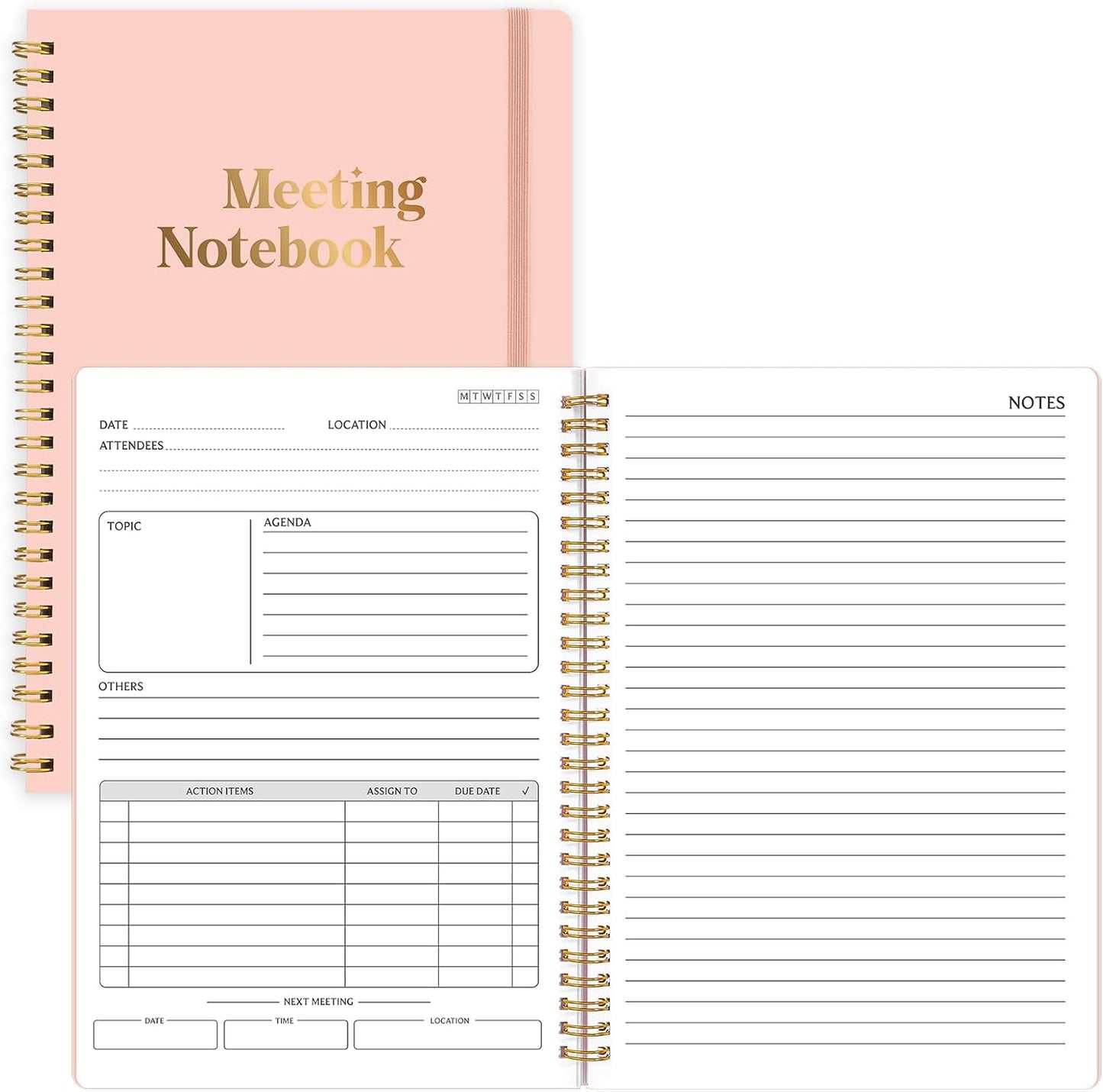 Meeting Notebook for Work with Action Items & Meeting Minutes, 160 Pages Undated Spiral Bound Hardcover Work Notebook for Women & Men, 7" x 10" (Pink)