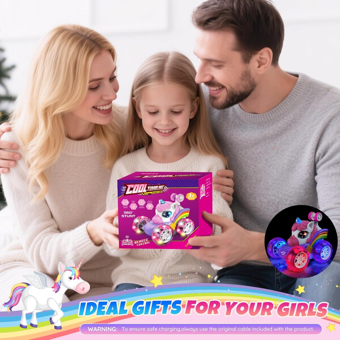 Unicorn Remote Control Car Toys for Girl - 360° Rotating Pink RC Stunt Cars 4WD Remote Cars for Kids, 2.4GHz Toy Car with LED Lights, Easter Birthday Gift for 3 4 5 6 7 8 9 Year Old Girl