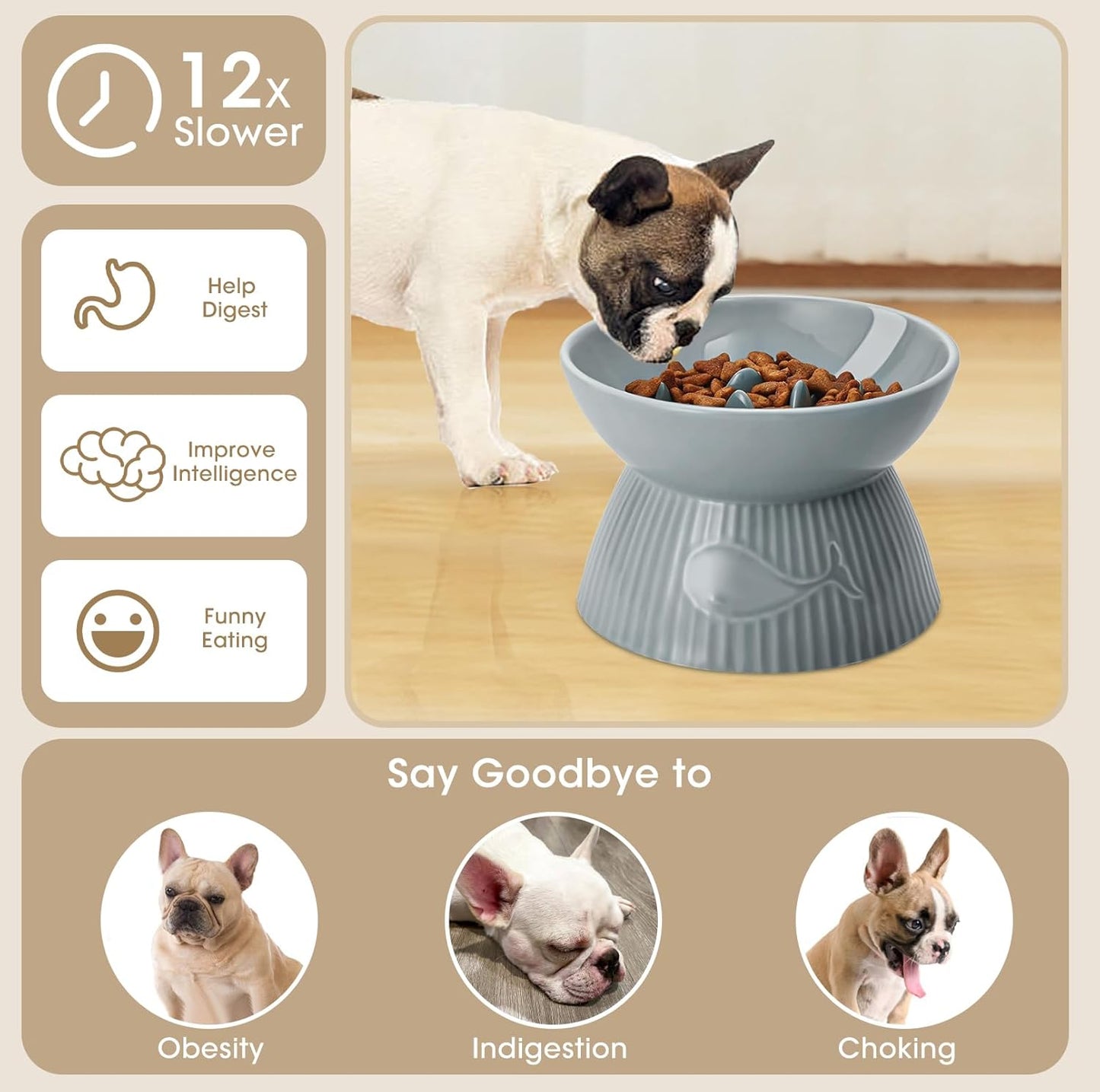 Elevated Slow Feeder Bowl for Cats and Small Dog, Stop Vomiting & Choking, Ceramic Slow Cat Bowl, Spill-Proof & Anti-Tipping, Easy to Clean, No Black Chin, Raised Pet Bowl for Dry & Wet Food