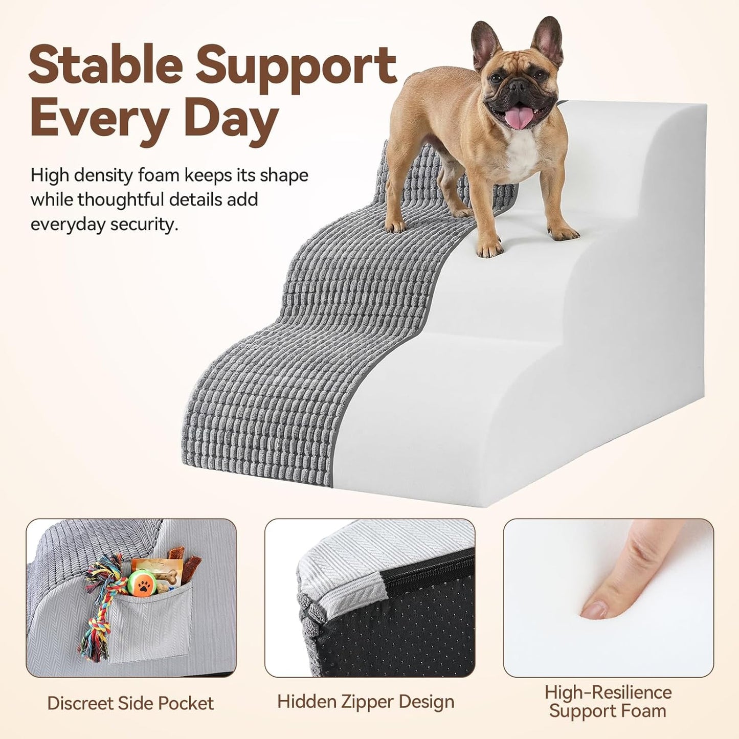 Dog Stairs for Small Dogs, 3 Step Foam Ramp for Bed & Couch, Pet Steps for High Bed with Non Slip Base, Washable Cover, Joint Support Design, Grey