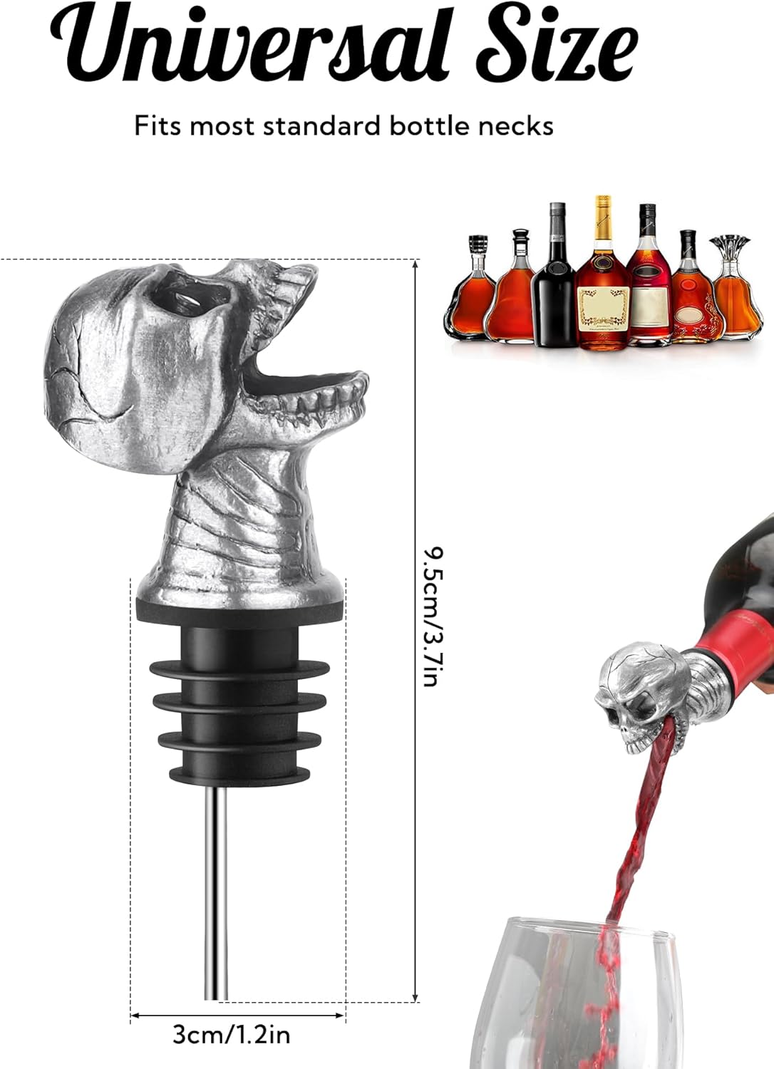 Skull Wine Pourer Spout for Bottles, Skeleton Head Liquor Pourer Stopper for Halloween Party, Gothic Bar Accessories for Wine Whiskey Spirits, No Drip Wine Dispenser Fits Most Standard Bottle Necks
