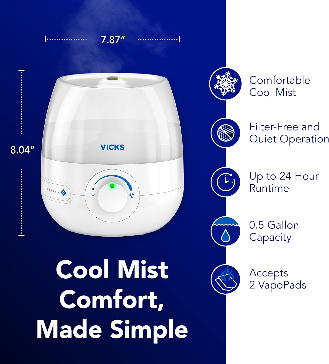 Vicks Mini Filter Free Cool Mist Humidifier, Small Room – Variable Mist Control – Works with Vicks VapoPads