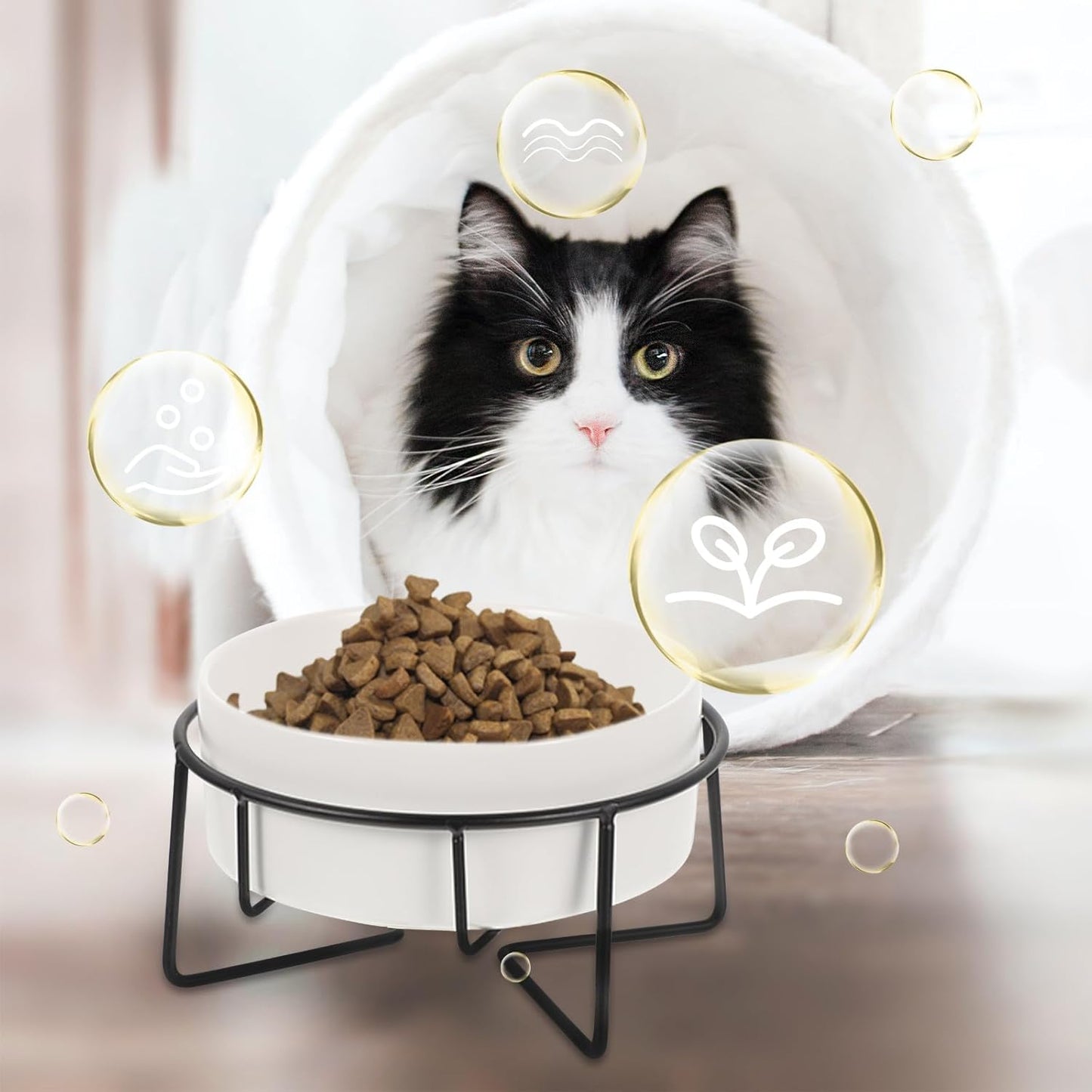Milisten Raised Cat Bowl with Metal Stand 400ml White Ceramic Food and Water Feeder Elevated Pet Feeding Bowl for Cats and Small Dogs with Neck Protection for Home Use