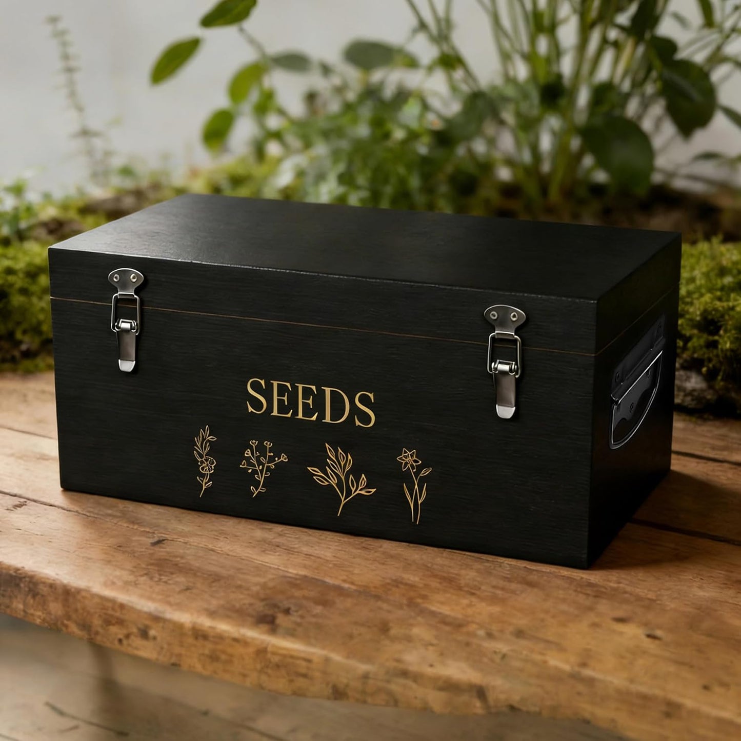 Bamboo Seed Storage Organizer, Large Garden Seed Organizer with Lid & Safety Lock & Handles, Seed Box Storage Organizer Includes Seed Envelopes and Labels etc, Great Gifts Gardening Kit (Black)