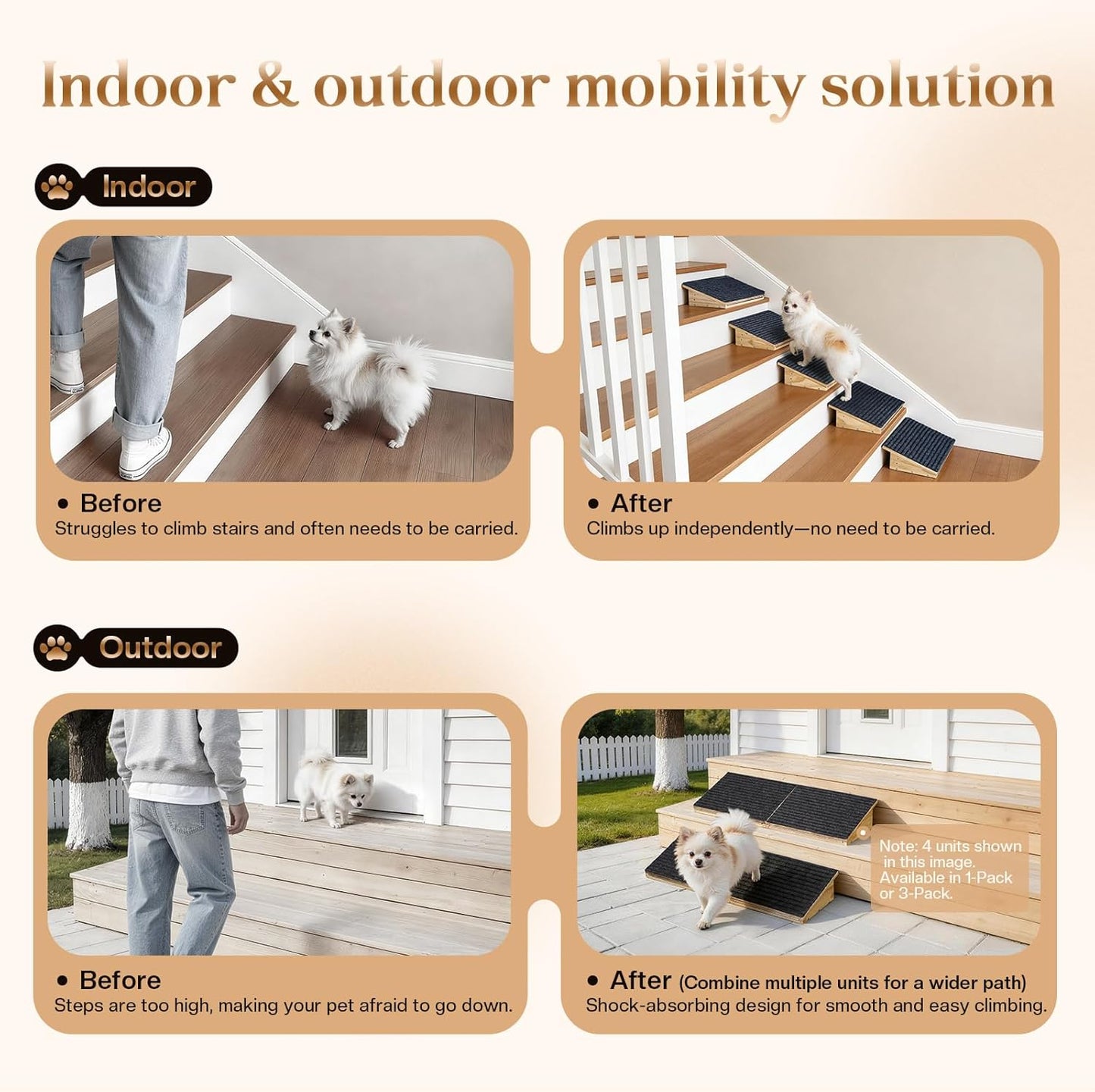 Adjustable Dog Ramp for Stairs with 3 Heights, Anti-Slip Small Dog Ramp for Indoor & Outdoor, Solid Wood Pet Steps for Small/Senior/Injured Dogs, Gentle Slop Ramp for Stairs with Carpet Surface