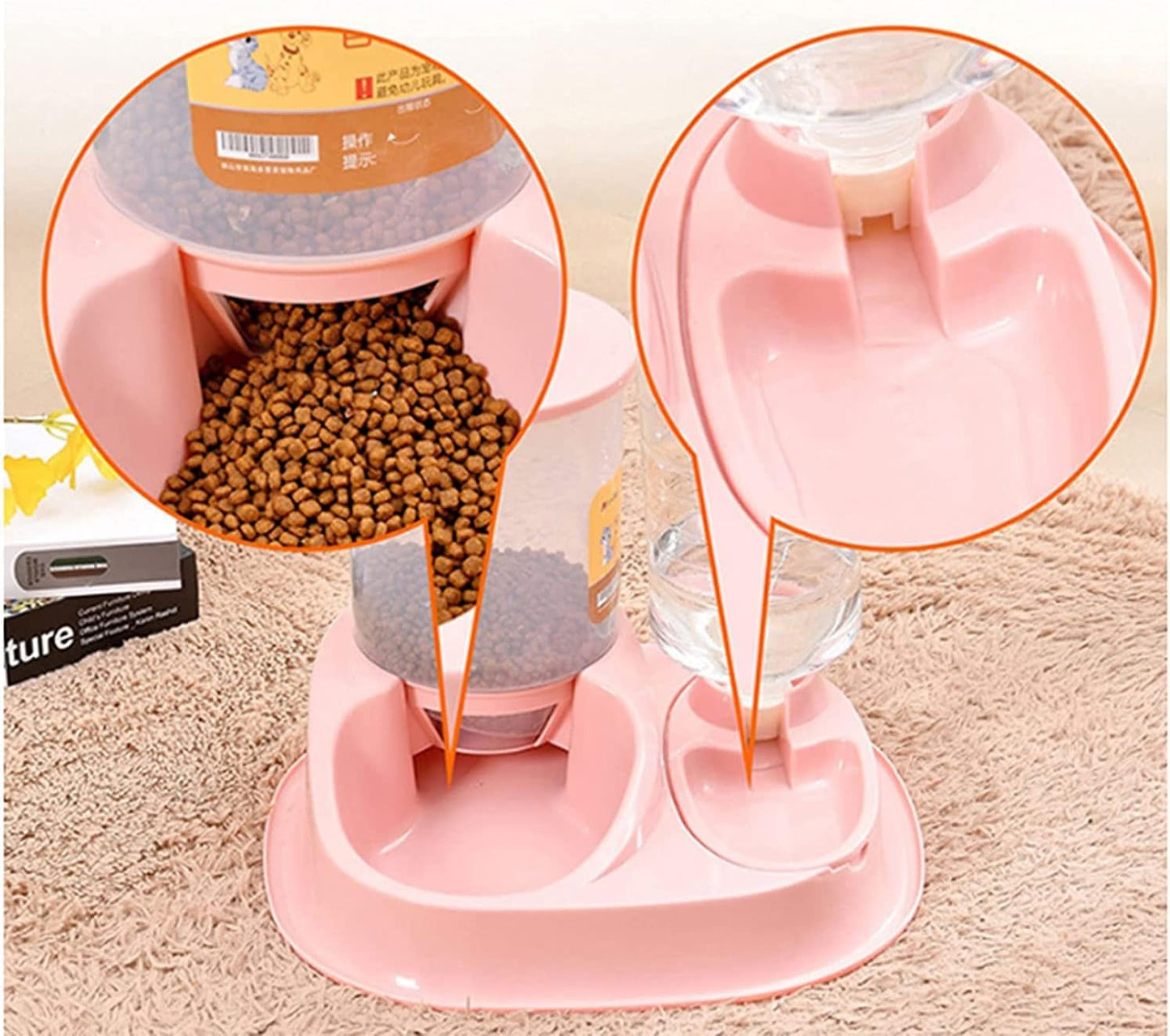 2 IN 1Pet Bowl Fountain Automatic Water Food Feeder Dispenser Container For Cats Dogs Self Dispenseing Cat Feeder And Dog Water Dispensers Travel Supply Pet water dispenser (Pink)