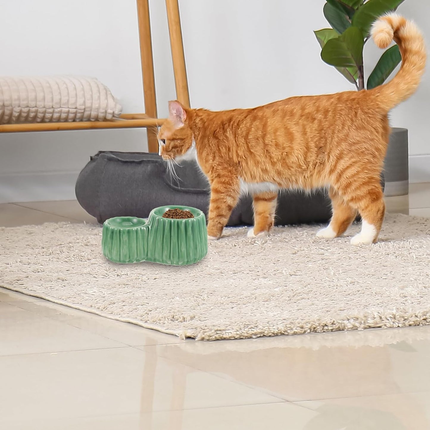FAVOMOTO Elevated Ceramic Cat Bowl Set with Dual Height Raised Bowls, Non-tip Pet Feeder for Cats and Small Dogs, Green Food and Water Dish for Indoor Feeding