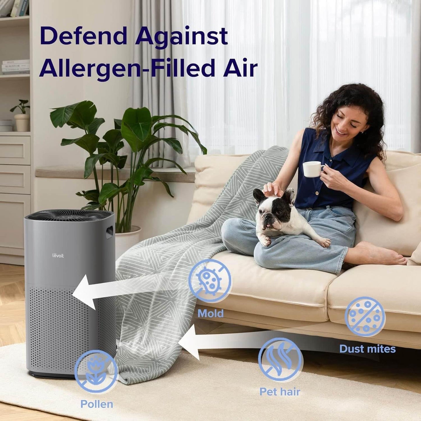 LEVOIT Air Purifiers for Home Large Room Up to 2933 Ft² With HEPA Sleep Mode, AHAM VERIFIDE, Smart WIFI, PM2.5 Monitor, 3-in-1 Filter For Smoke, Pet Allergies, Dust, Alexa Control, Core 600S-P, Grey