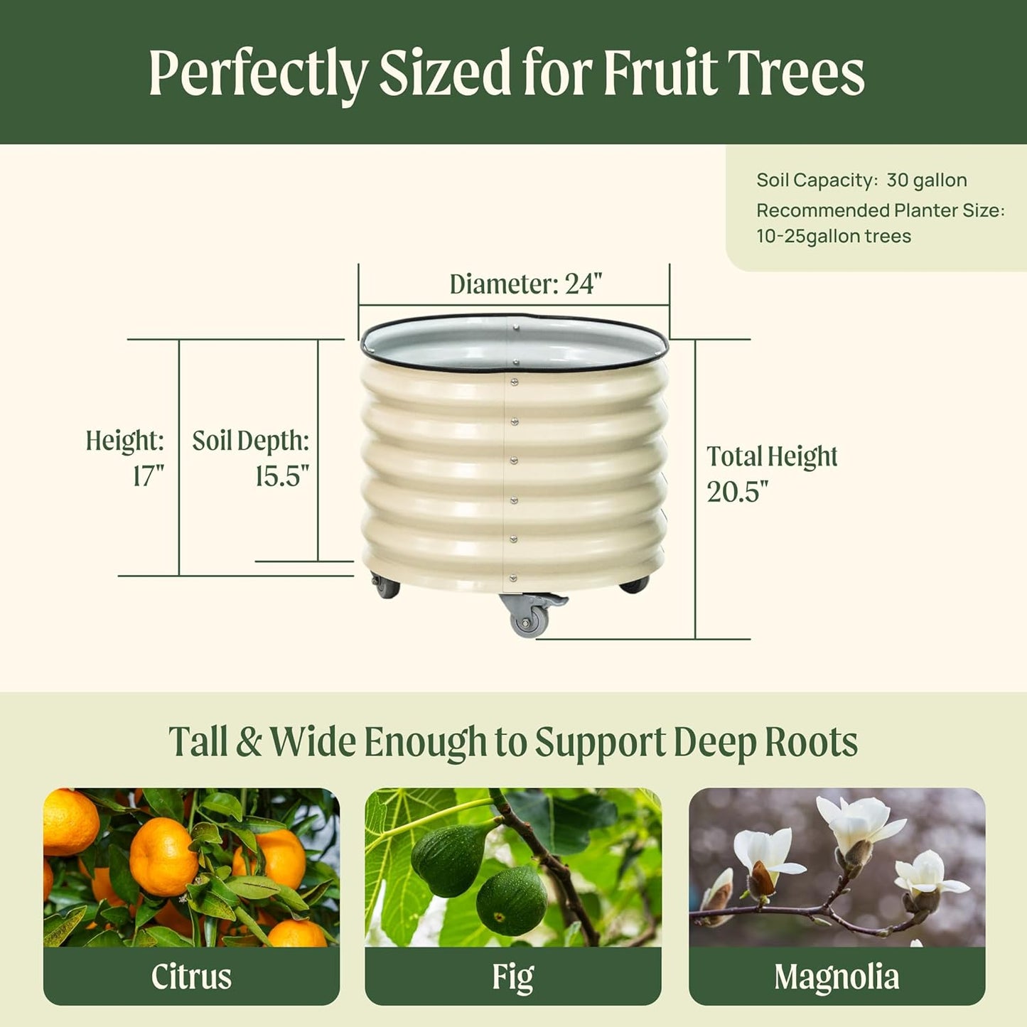 Rolling Metal Citrus Tree Planter Pot, 24″ Round Planter Box for Porch Patio & Backyard, 30 Gallon Large Planter Pot with Wheels for Growing Olive Trees Tomatoes Vegetables and Flowers, Modern Gray