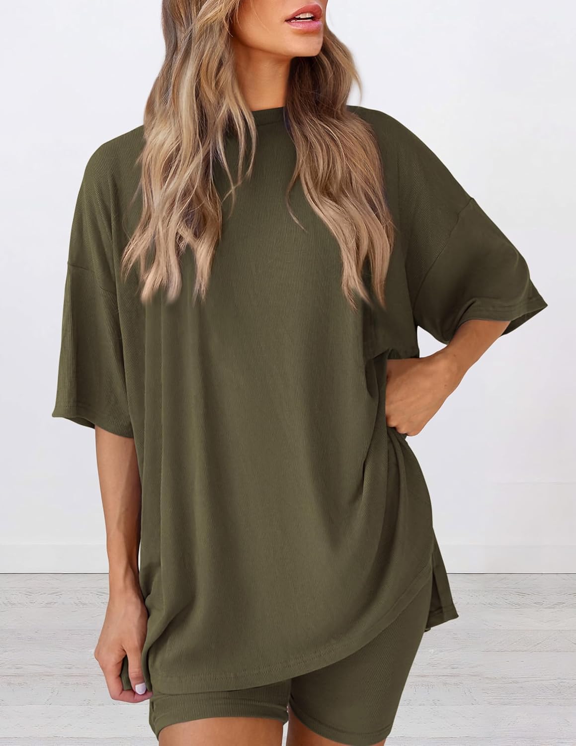 PRETTYGARDEN Women 2 Piece Lounge Set 2026 Summer Casual Oversized Shirts Biker Shorts Matching Airport Travel Outfit Clothes