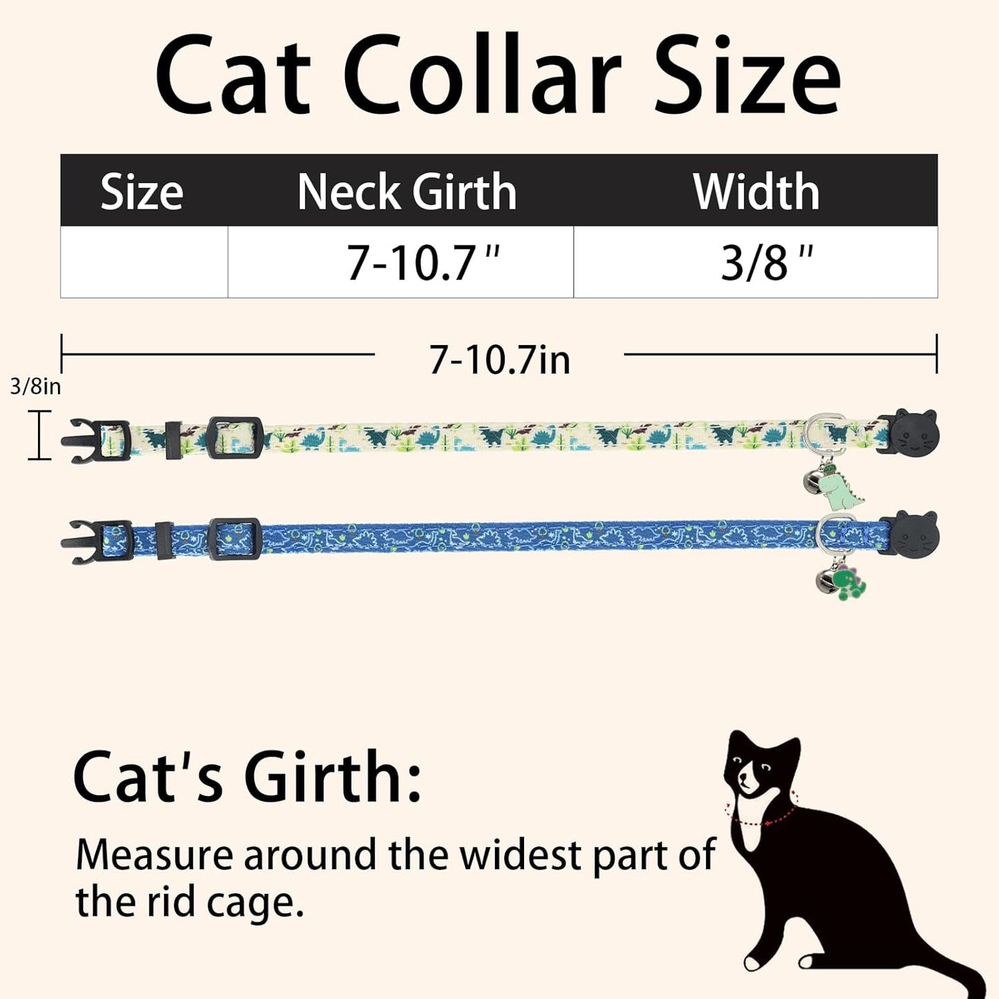 Cat Collar Breakaway, 2 Pack Cotton Cats Collars with Bells, Cute Dinosaurs Shaped for Girl Boy Kittens