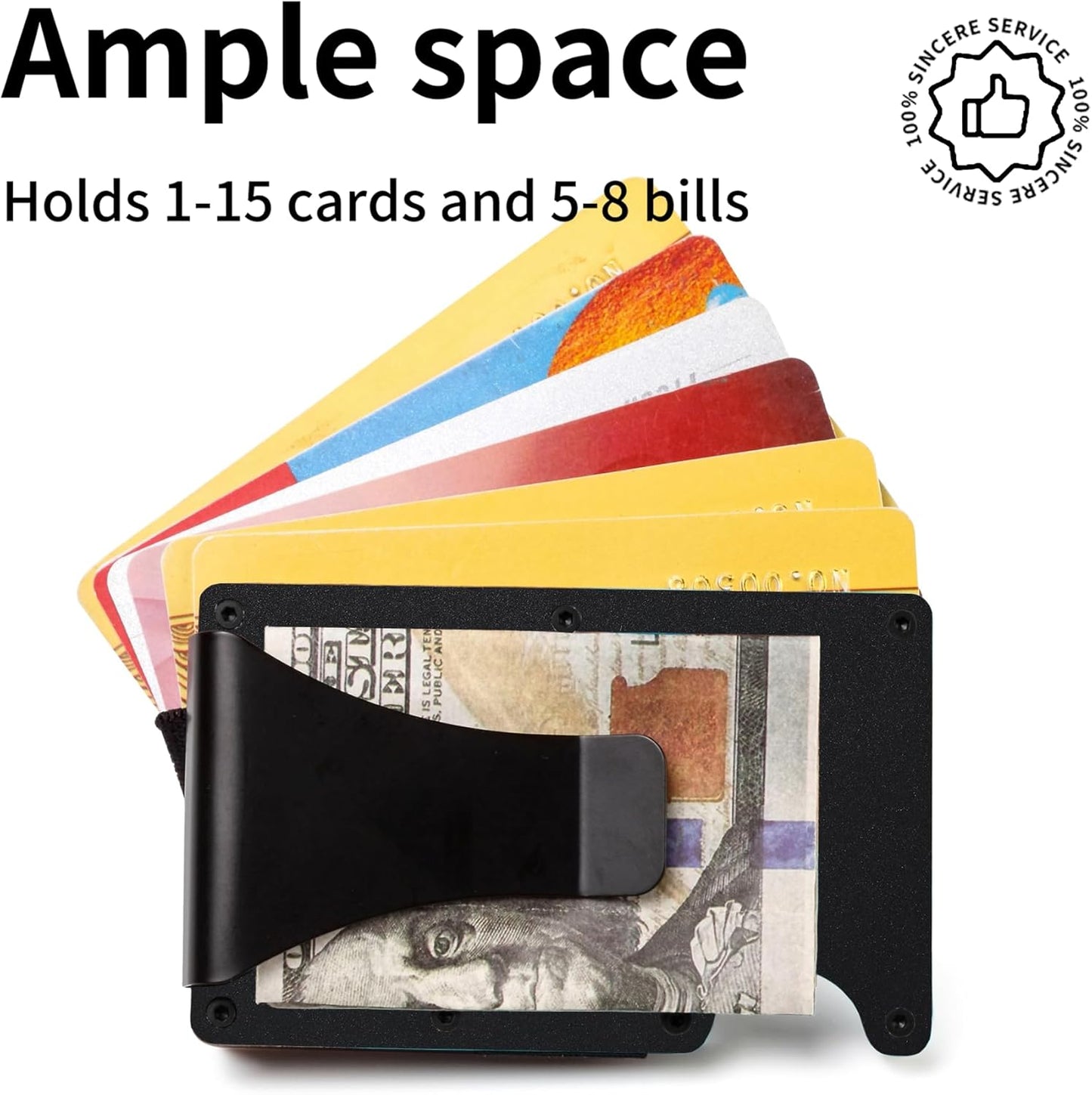 Wallet for Men, Slim Minimalist Carbon Fiber Wallet with Metal Money Clip/Cash Strap, RFID Blocking Aluminum Card Holder,Matte Black
