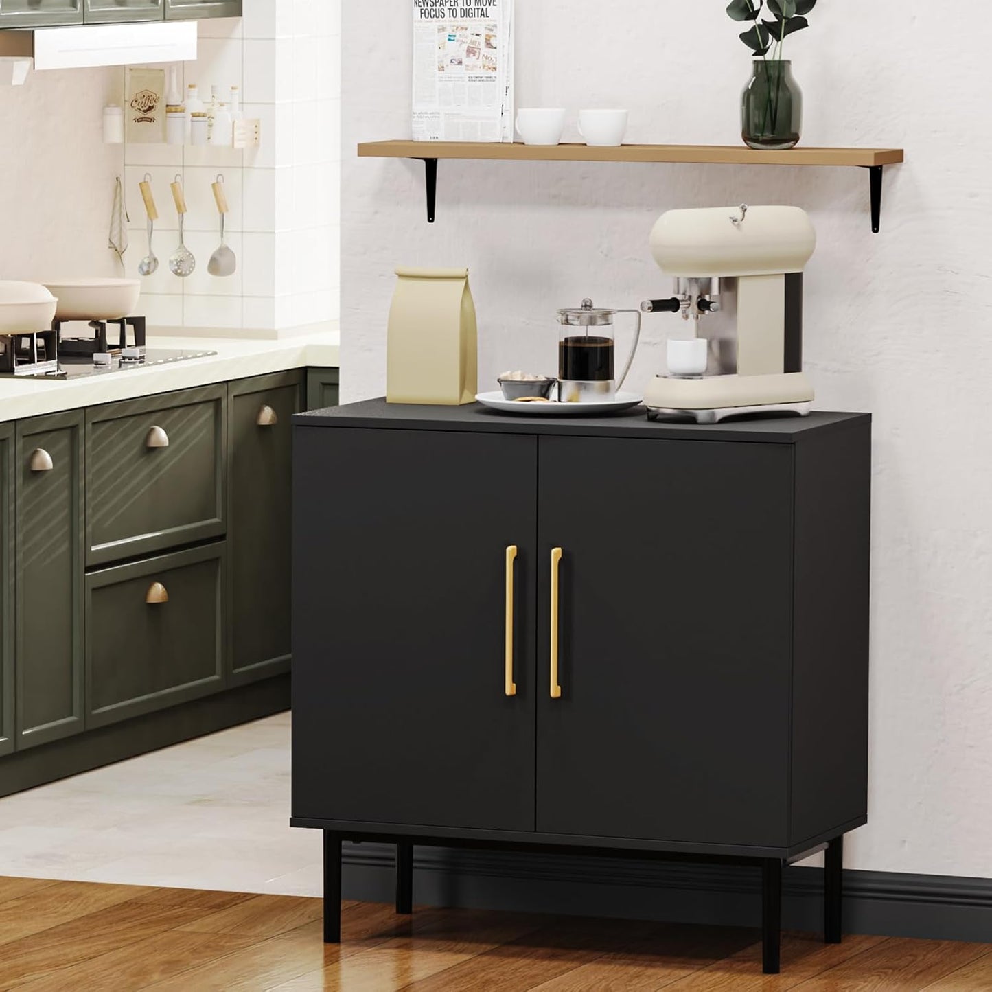 Storage Cabinet with Doors, Modern Black Accent Cabinet, Free Standing Cabinet, Wooden Buffet Sideboards for Living Room, Kitchen,Home Office