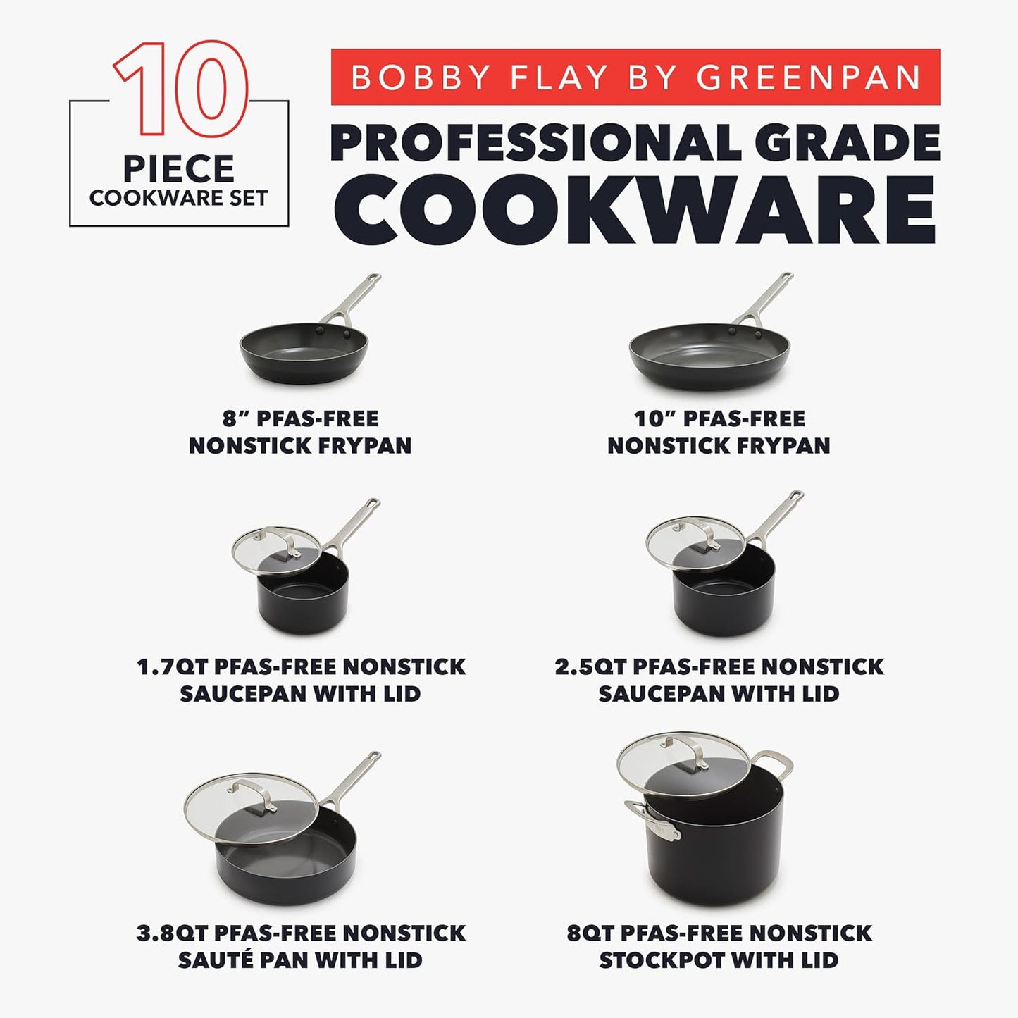 GreenPan x Bobby Flay Hard Anodized Nonstick 10 Piece Cookware Set, PFAS-Free Ceramic Pots & Pans, Induction Suitable, Frypans, Saucepans Saute, Stockpot, Glass Lids, Dishwasher & Oven Safe, Black