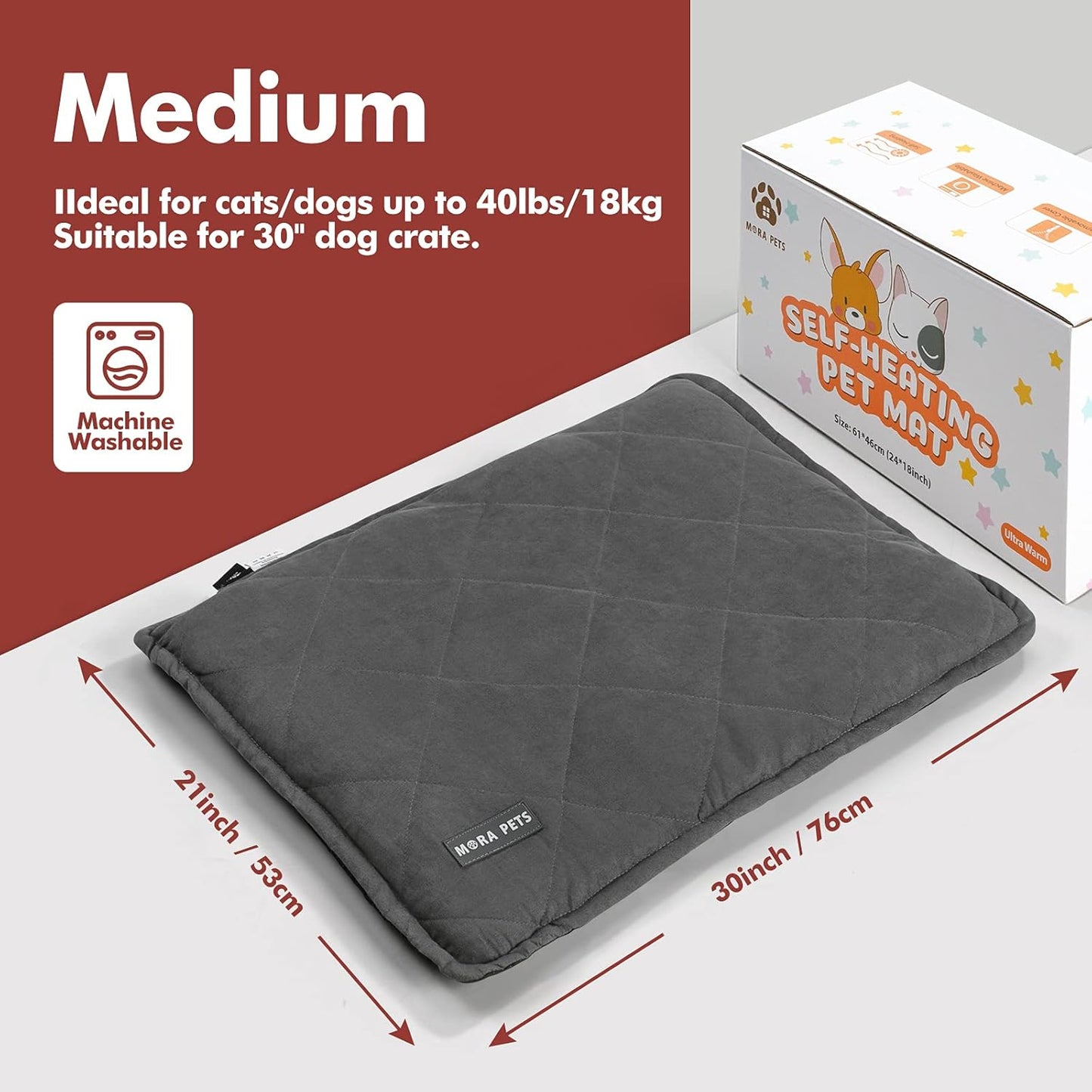 Mora Pets Self Heating Cat Bed Self Warming Cat Ped Ultra Warm Thermal Pet Bed Mat 30 x 21 Inches with Removable Cover Outdoor Indoor for Cats and Small Medium Dogs Machine Washable