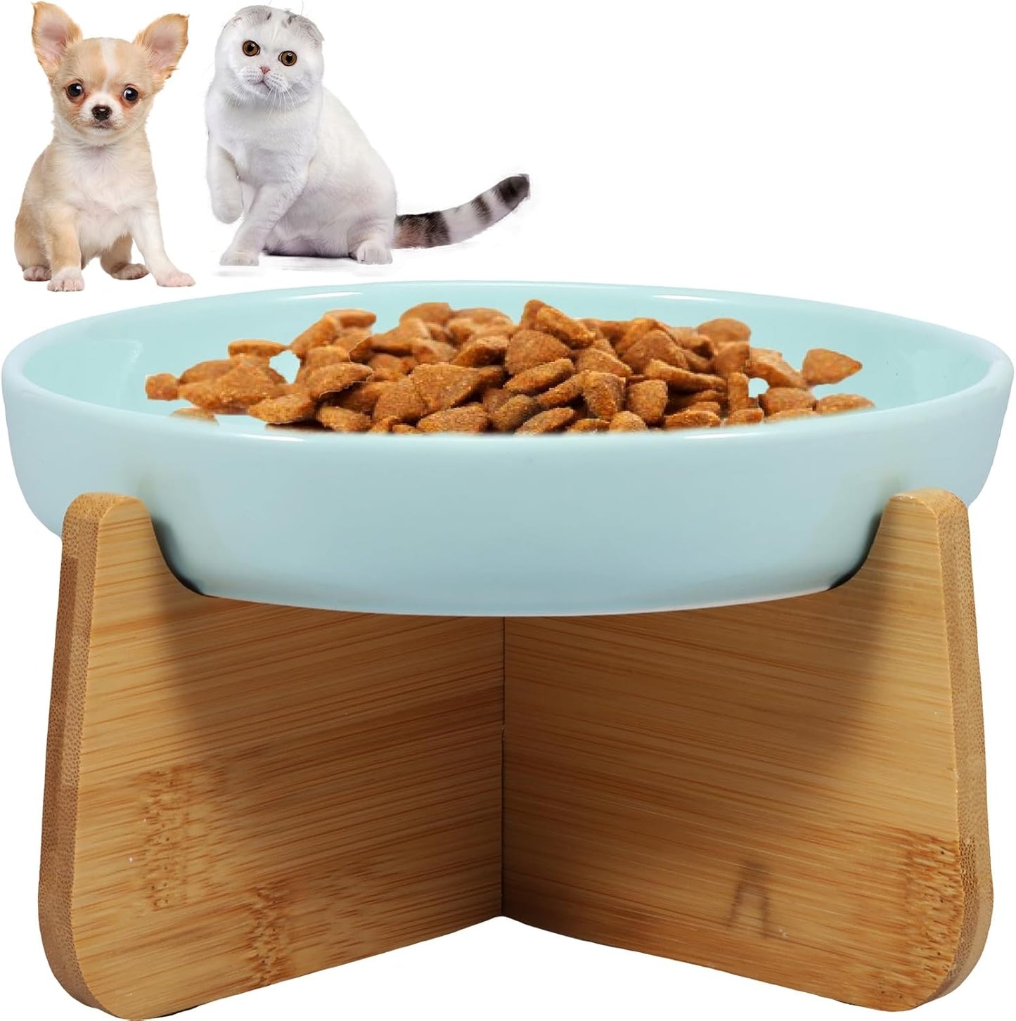 Raised Cat Bowl Elevated Cat Bowls with Wood Stand Ceramic Raised Cat Slow Feeder Bowl 6.4×1.14 Inch Cat Feeding Bowl Anti Vomiting Cat Food Bowl Non-Slip Slow Eating Cat Bowl Cat Dish Feeder