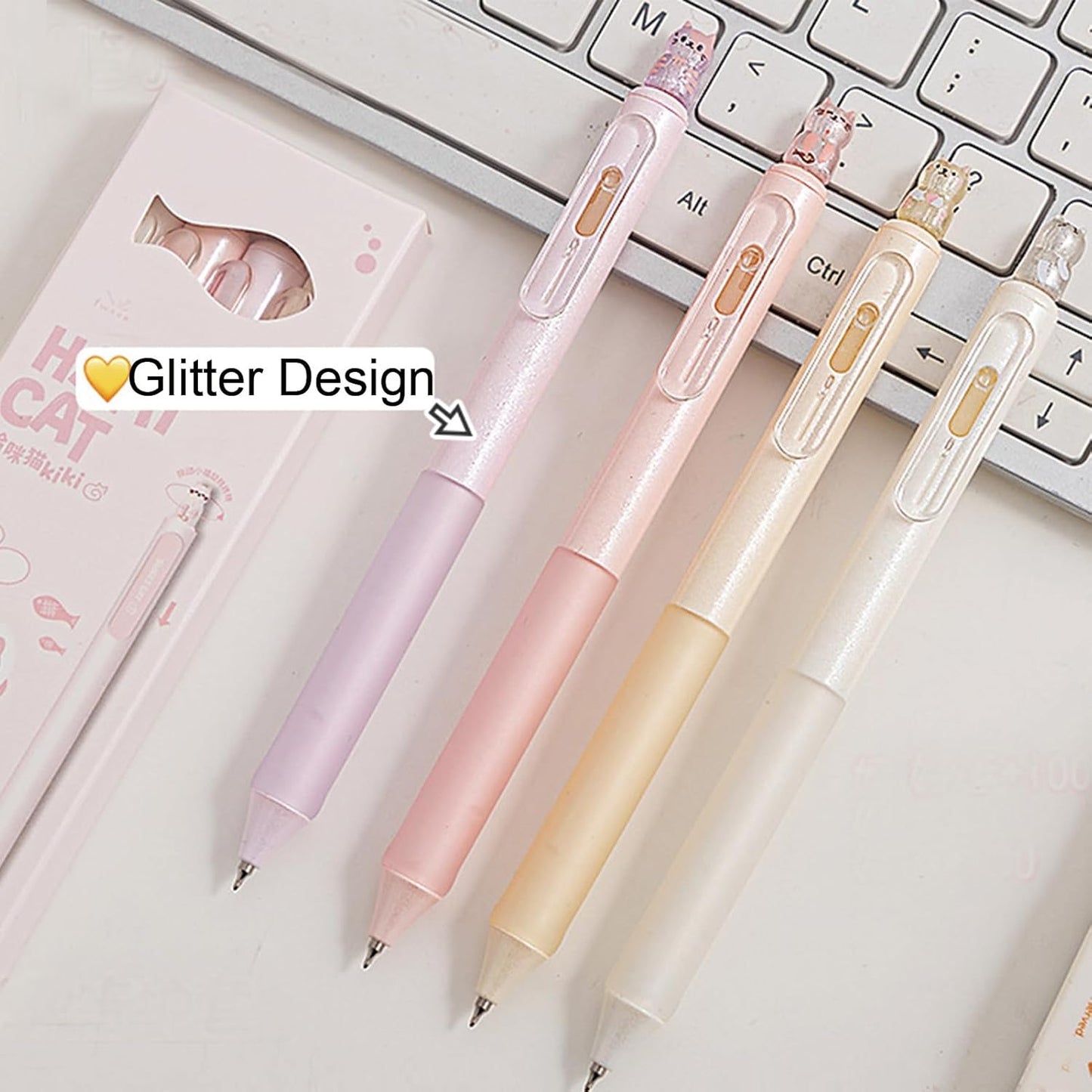 4 Pcs Cute Retractable Pens Cat Gel Pens Gliiter Aesthetic Pen 0.5mm Fine Point Black Ink Smooth Writing Kawaii Cartoon Kitty Pen for Women Girls Office School Supplies (4Pcs Gliiter Cat)