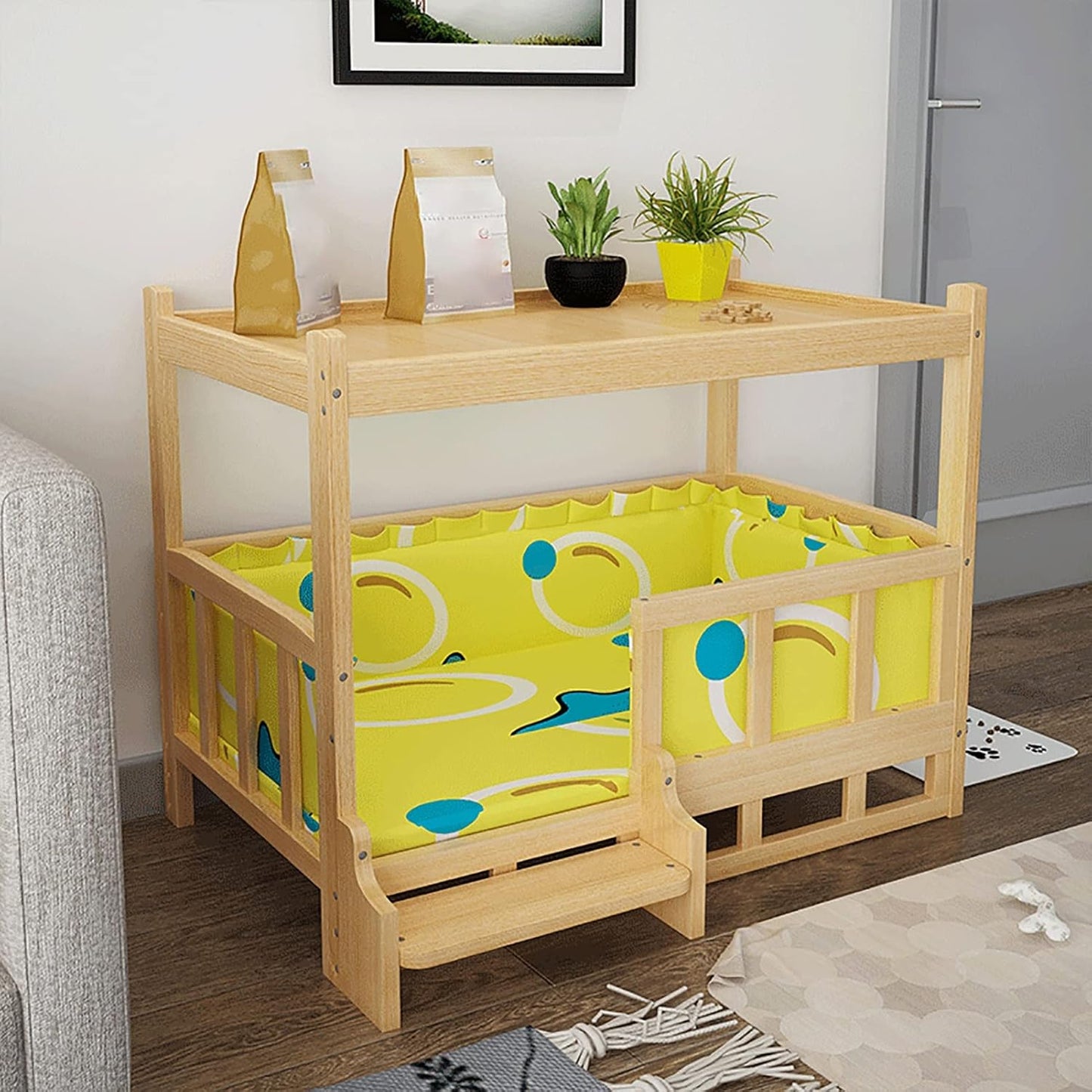 Pet Bed Large Wood Sofa Side Tables with Storage Rack, Orthopedic Joint Outdoor Pets Bed with Machine Wash Mattress, for Pets Within 40 Kg / 88 Lbs (Color : Style1, Size : XL120x60x70cm/4