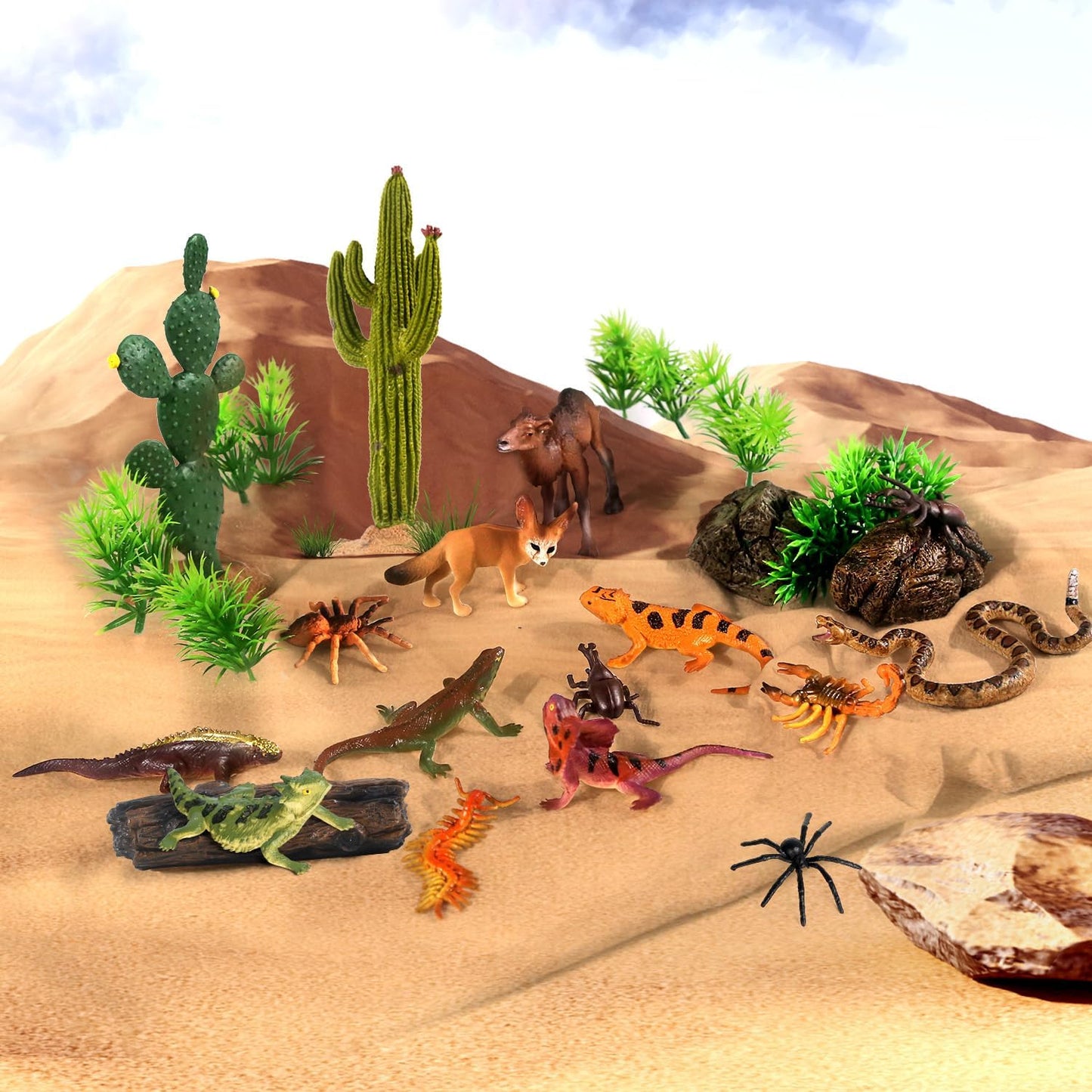 SIENON 32Pcs Desert Animal Figures Playset Model Trees Cactus Kit Diorama Project with Camel Fennec Fox Rattlesnake Scorpion Lizard Reptile Toy for Kids Birthday Cake Toppers Party Decorations