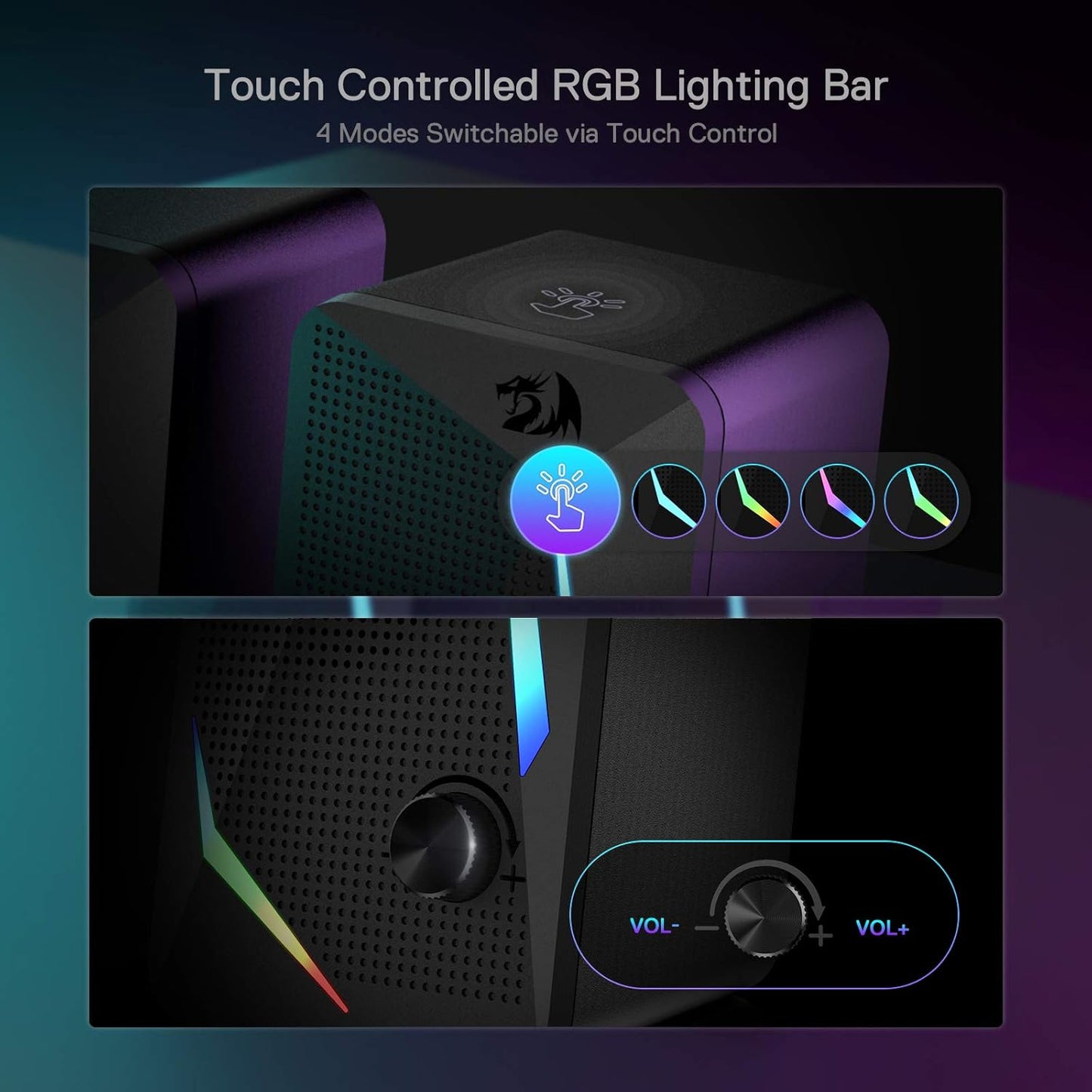 Redragon GS510 RGB Desktop Speakers, 2.0 Channel PC Computer Speaker with 4 Colorful LED Backlight Modes, Enhanced Bass and Easy-Access Volume Control, USB Powered w/ 3.5mm Cable