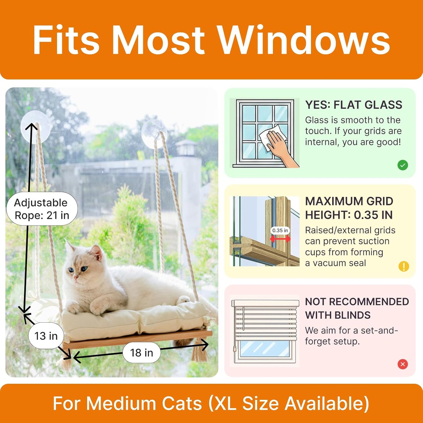 Cat Window Perch with Industrial-Grade Suction Cups - Solid Pine Wood Hammock Bed, Soft Cushion - 42 lb Capacity for Cats Inside