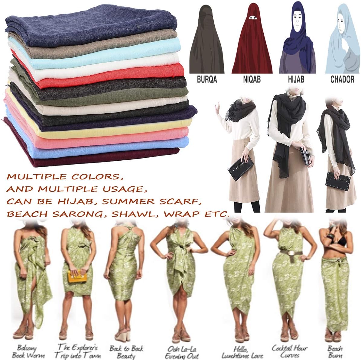 Women Summer Scarfs Large Long Lightweight Linen Beach Gauze Shawl Wrap 75”×43”