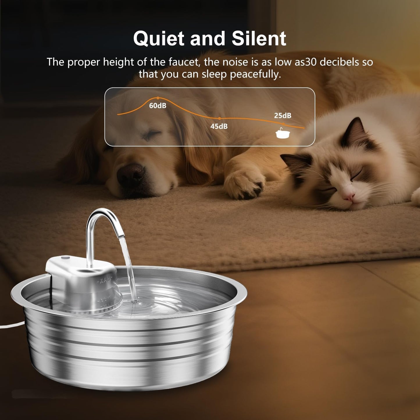Cat Water Fountain Stainless Steel - 135OZ / 4L Large Capacity Pet Water Fountain for Cats Indoor - Ultra-Quiet Pump for Cats, Dogs Water Bowl Dispenser - Pets Feeding & Watering Supplies