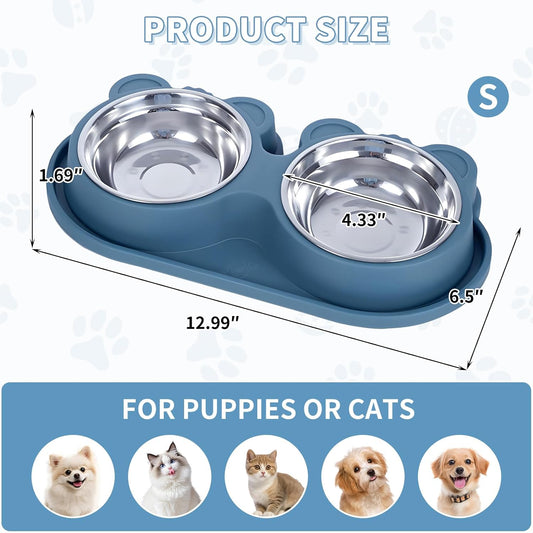 Stainless Steel Double Pet Bowls with Non-Slip Base, Detachable Dog Cat Food and Water Feeder Set, Anti-Spill & Easy to Clean Pet Feeding Bowls for Small Dogs & Cats