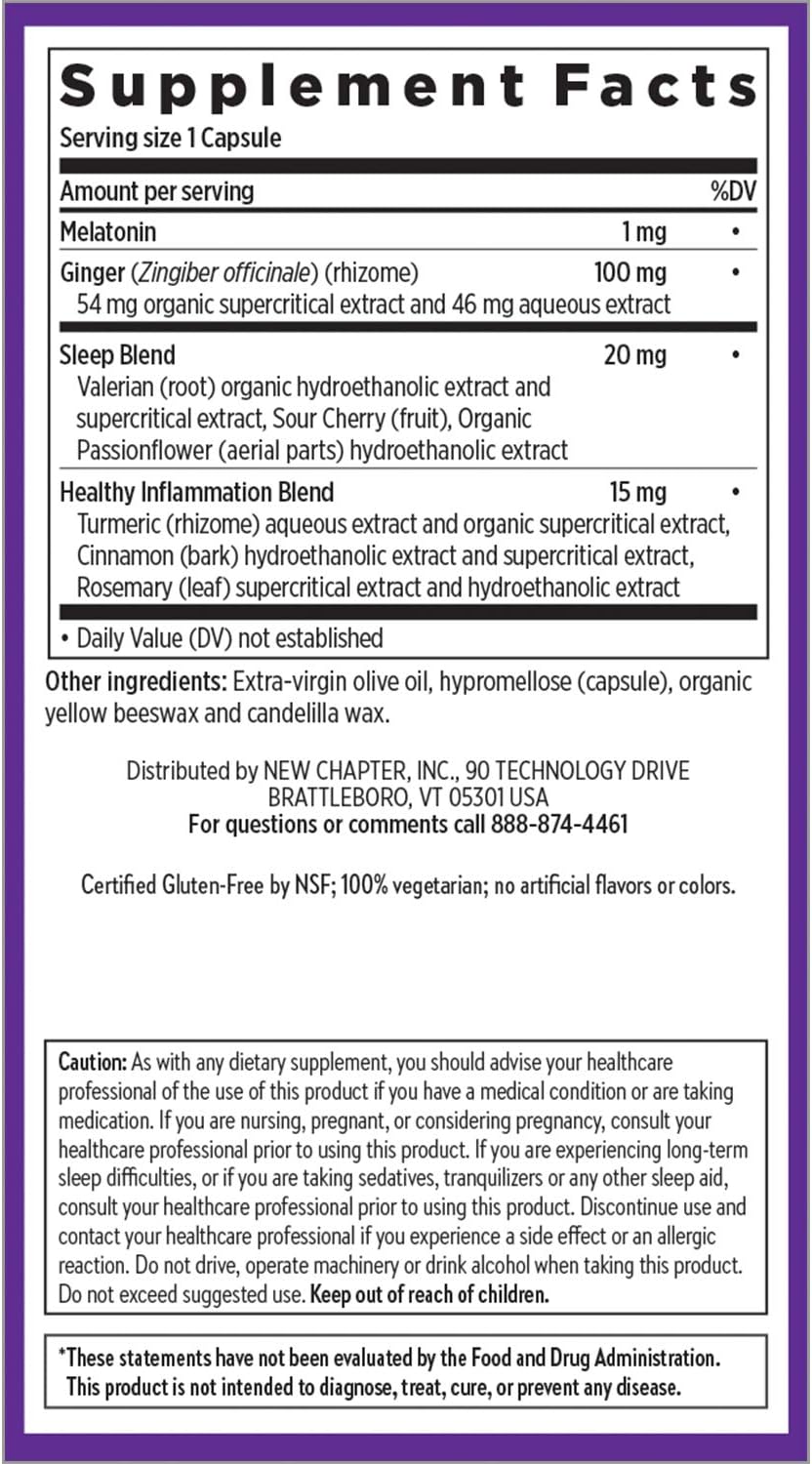 New Chapter Sleep Aid, Restful Sleep and Pain Relief, Melatonin & Ginger Sleep Supplement, Gluten Free and Non-GMO, 30 Vegetarian Capsules