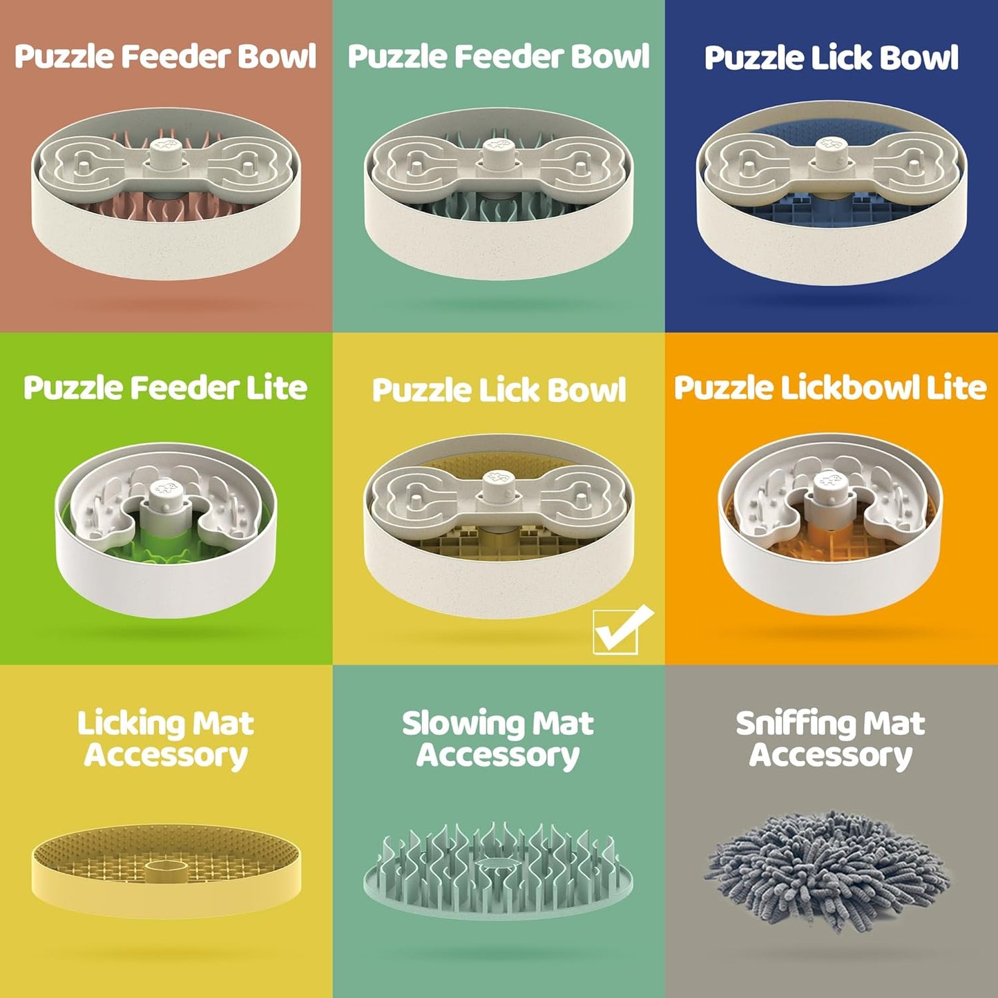 Puzzle Feeder Slow Feeder Dog Bowl with Lick Mat and Puzzle Inserts - Non-Slip Base, Adjustable Speed Design, Dishwasher Safe for Large Dogs,Yellow