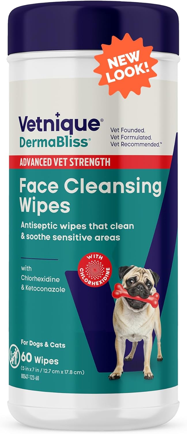Vetnique Dermabliss Dog Face Wipes - Medicated Chlorhexidine Wipes for Dogs with Wrinkles, French Bulldog, English Bulldog Dog Grooming Wipes Cleaning & Deodorizing Dog Wipes