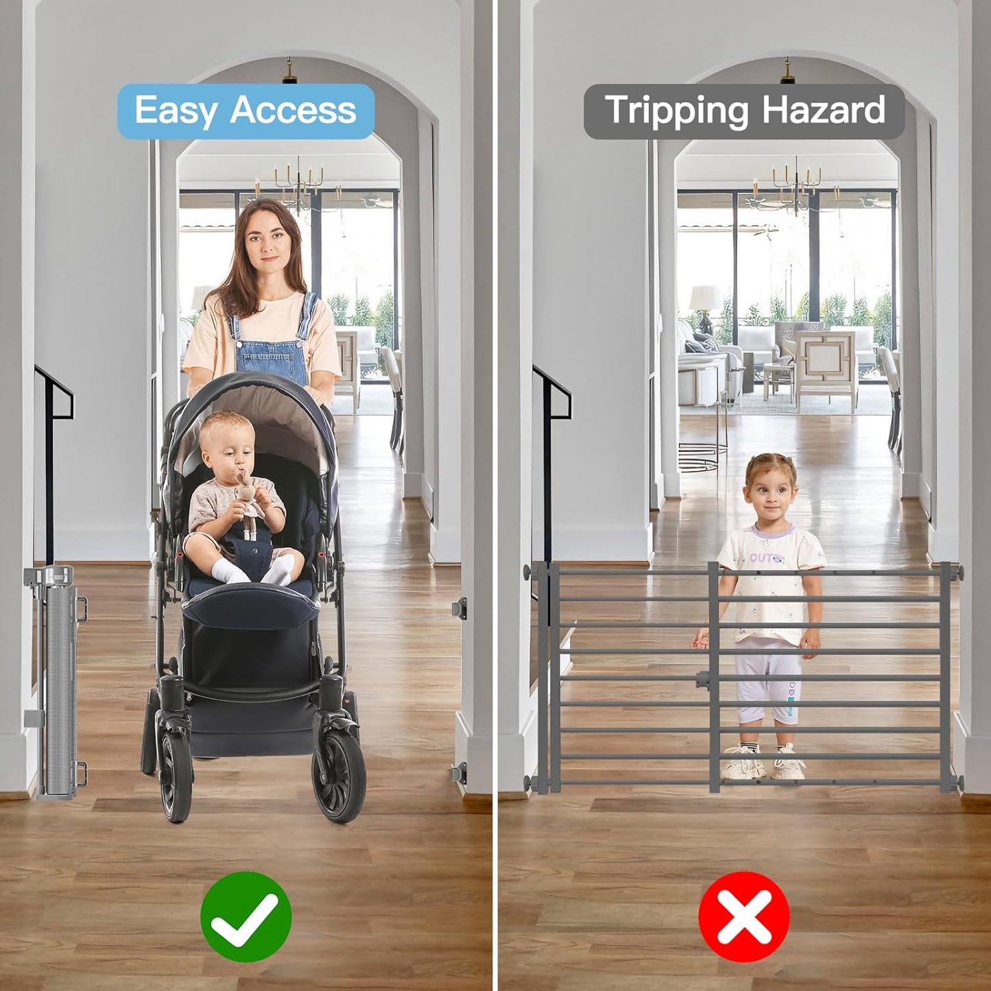 Short Dog Gate 0"-39" Wide Narrow Baby Gate 24” Tall Retractable Short Baby Gate to Step Over Short Pet Gate for Stairs and Doorways Small Dog Gate Doggie Gates Puppy for The House, Gray