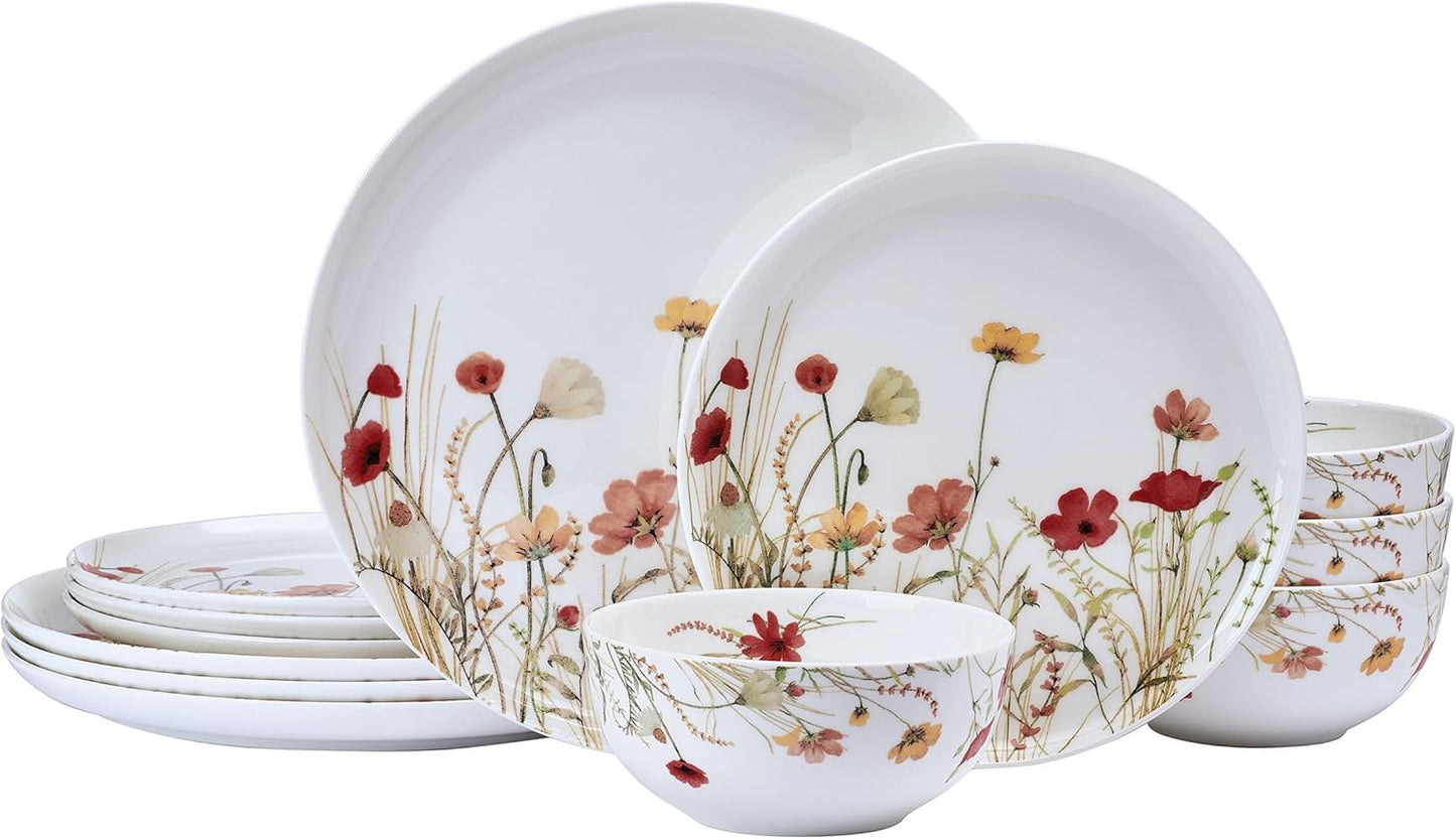 Mikasa Meadow Serenade 12 Piece Floral Bone China Durable Chip Resistant Lightweight Dinnerware Set, Service for 4