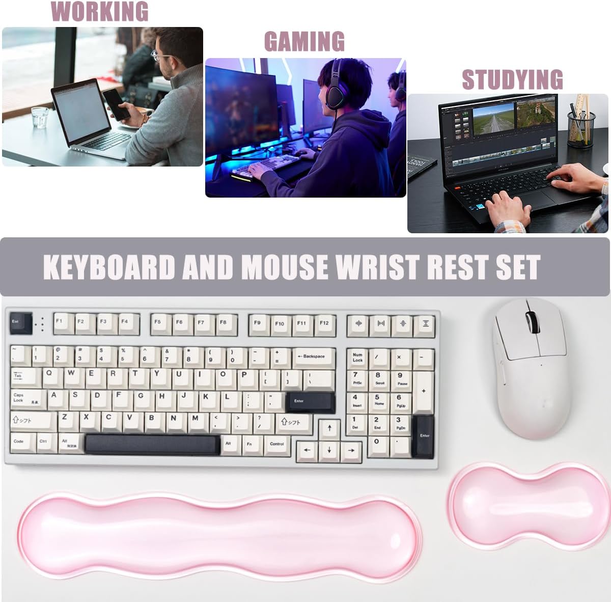 Ergonomic Silicone Gel Keyboard and Mouse Wrist Rest Set – Clear Wrist Rest for Keyboard 60%/68%/75%, Comfort & Support for Typing and Gaming(Pink)