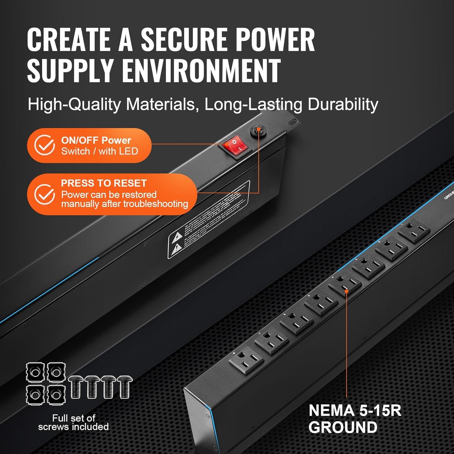 VEVOR 8 Outlet Horizontal 1U Rack Mount PDU Power Strip for Network Server Racks, Surge Protection & Overload Protection, 110-125V/15A, with 6ft 14AWG Power Cord