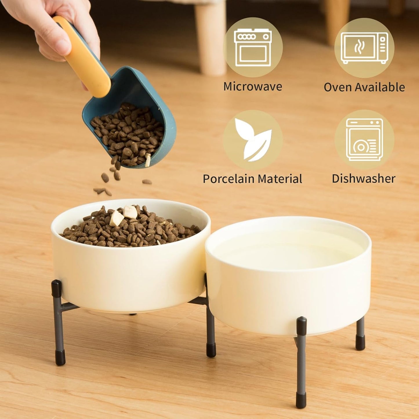 AOMRYOM 32 OZ Ceramic Dog Cat Bowl with Elevated Metal Stand, 6 Inch Ceramic Pet Dish for Food and Water, Pet Feeder Bowls for Cats & Dogs - Set of 2, Beige