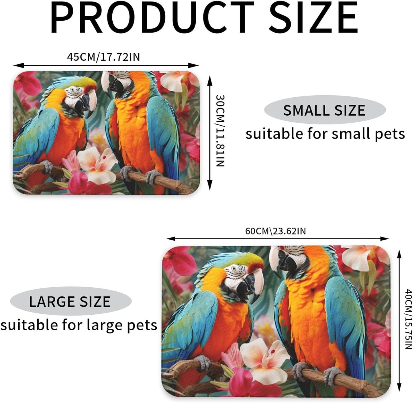 Pet Feeding Mat Leather Dog Food Mat Waterproof Pet Tablecloth Tropical Plants and Parrots Pet Placemat for Dogs Absorbent Dog Bowl Mat Anti-Slip Dogs Mats for Food and Water
