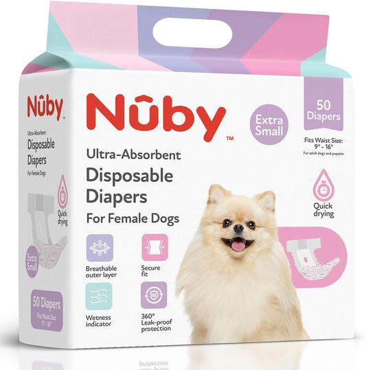 Nuby Pets Disposable Female Dog Diapers with Wetness Indicator, Leak-Resistant & Absorbent for Dogs in Heat, Training & Incontinence, X-Small (9-16” Waist), 50 Count