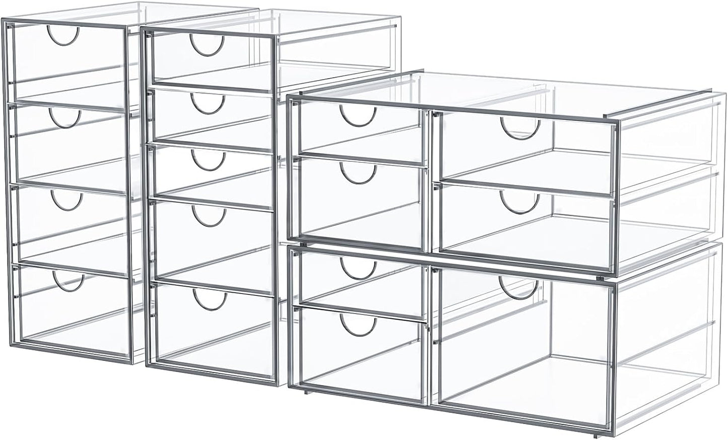Makeup Organizer Storage with 16 Drawers, 4 Pcs Desktop Office Supplies, Desk Organizers, Clear Accessories, Dustproof Storage Drawer and for Make Up, Jewelry, Pen, Stationary