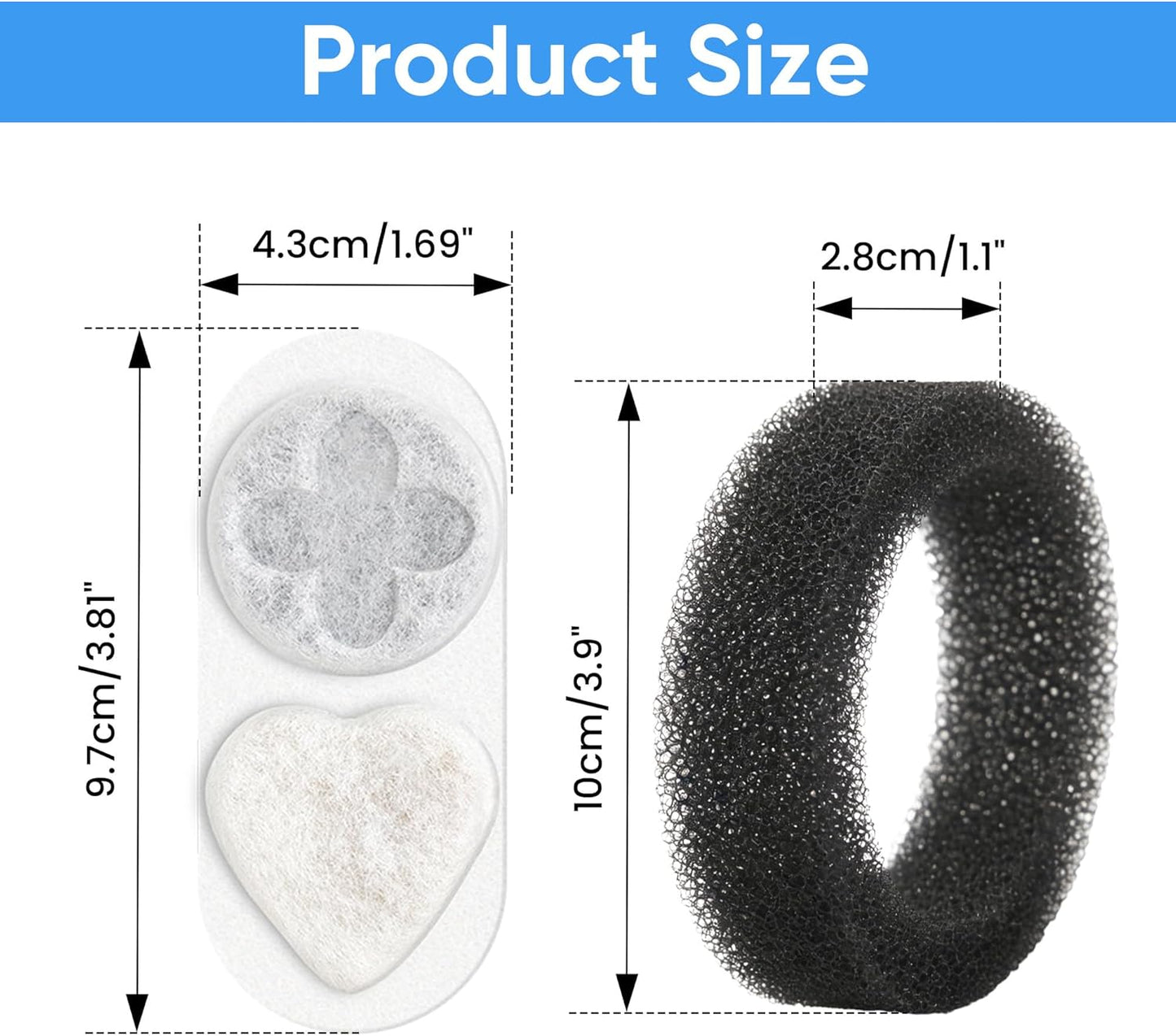 Cat Water Filter Replacement Compatible with APAUK 108oz/3.2L Cat Fountain, Triple Filtration Carbon Filters for Pet Fountain, Includes 8 Filters and 8 Sponges