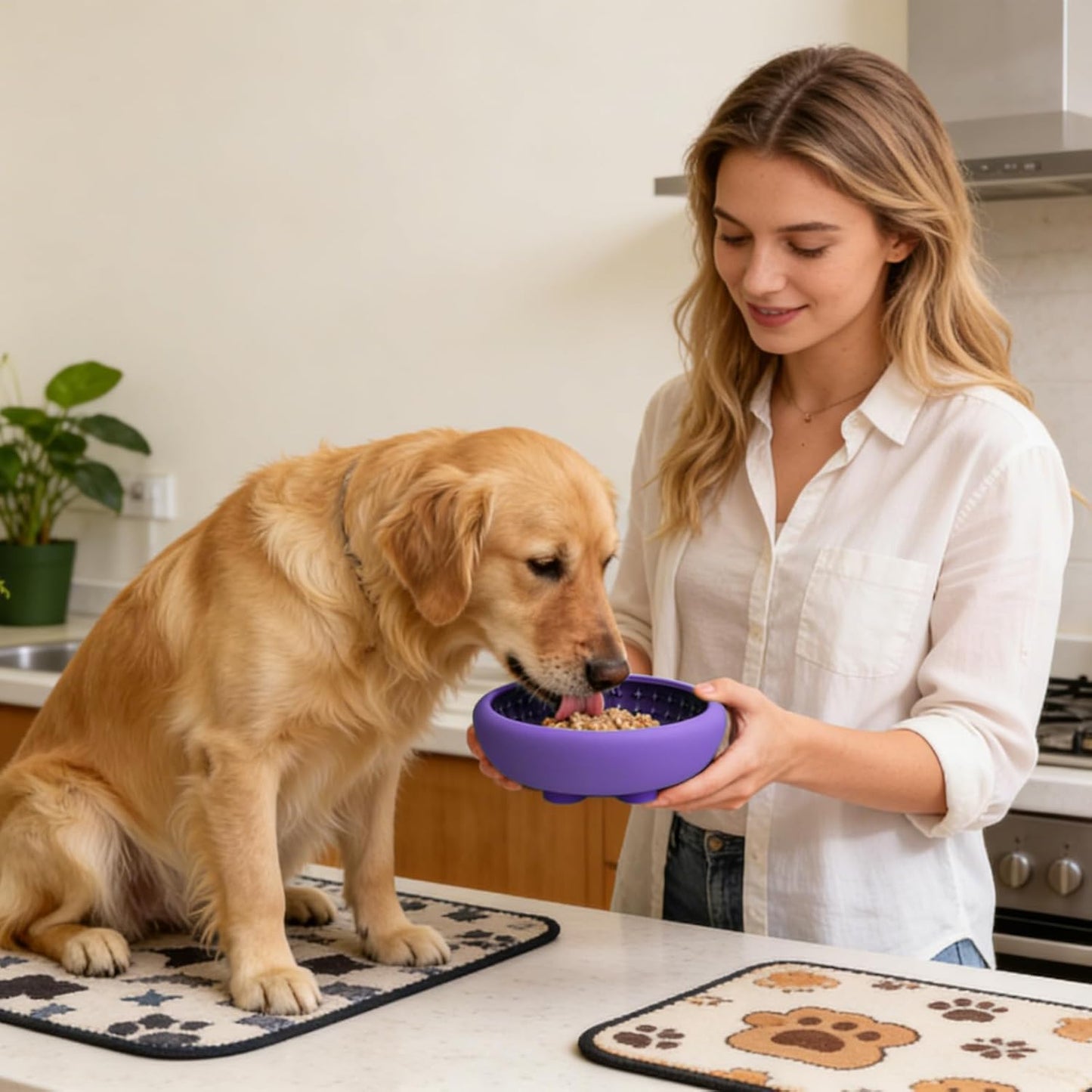 Slow Feeder Bowl - Silicone Non Slip Pet Dish, Strong Suction Cup Feeder, Sturdy Lightweight Easy Clean, Prevents Fast Eating and Spills, Premium Pet Feeding Tool, Puppy Medium Dog Cat Home