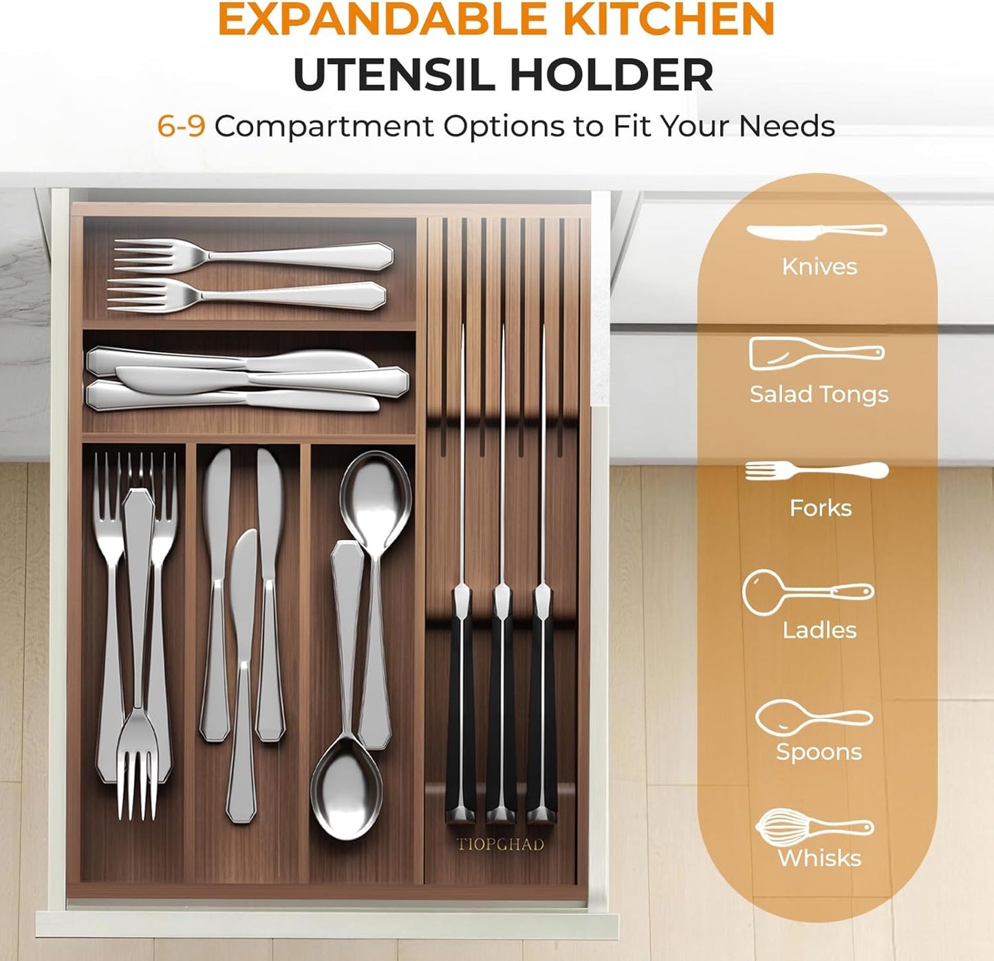Small-Bamboo-Silverware-Drawer-Organizer, Expandable Utensil Kitchen Cutlery Tray Flatware Organization Wood Tableware Dividers Storage (with Removable Knife Block)(Brown)