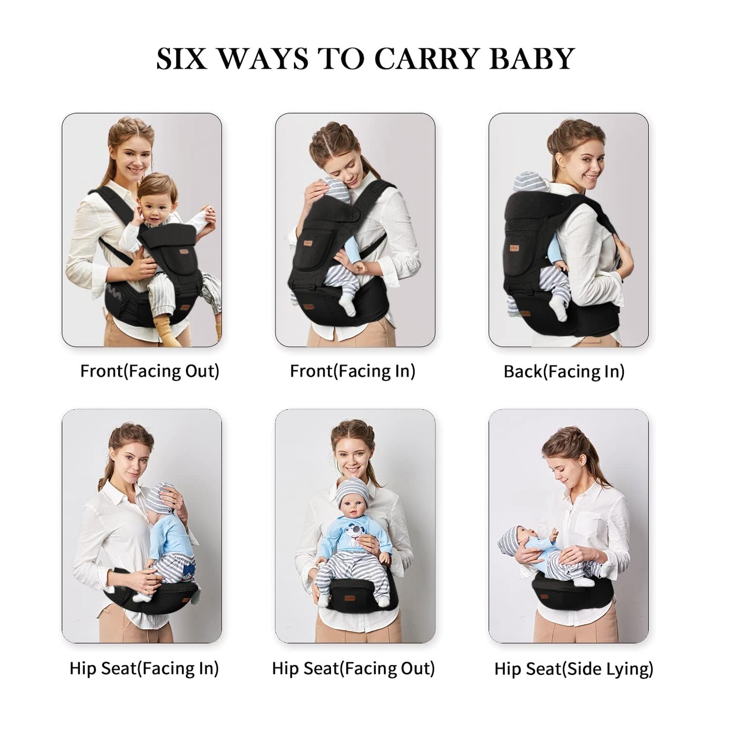 Baby Carrier with Hip Seat, Baby Carrier Newborn to Toddler up to 44lbs, 6-in-1 Ways to Carry, All Seasons, Adjustable Baby Holder Carrier for Breastfeeding(Black)